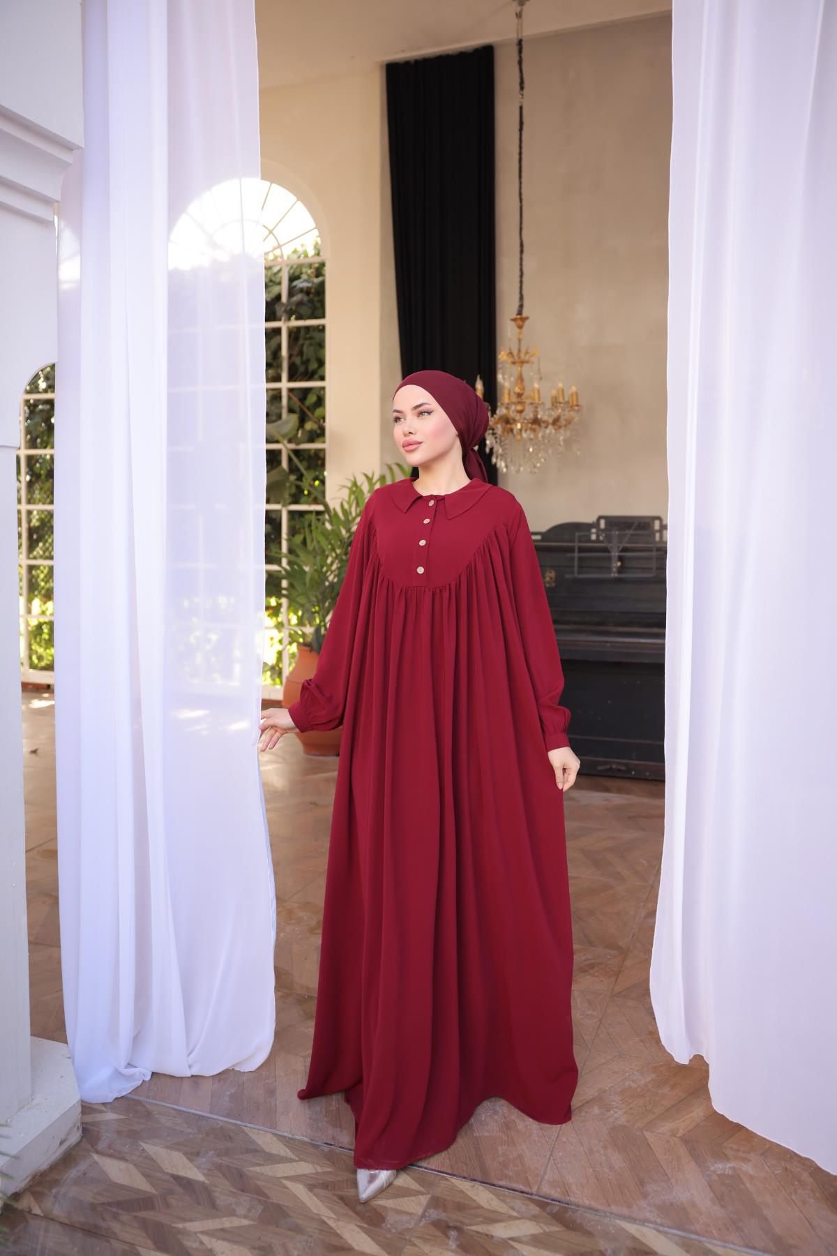 Bordo Gömlek Yaka Düğmeli Elbise Nsr5064
