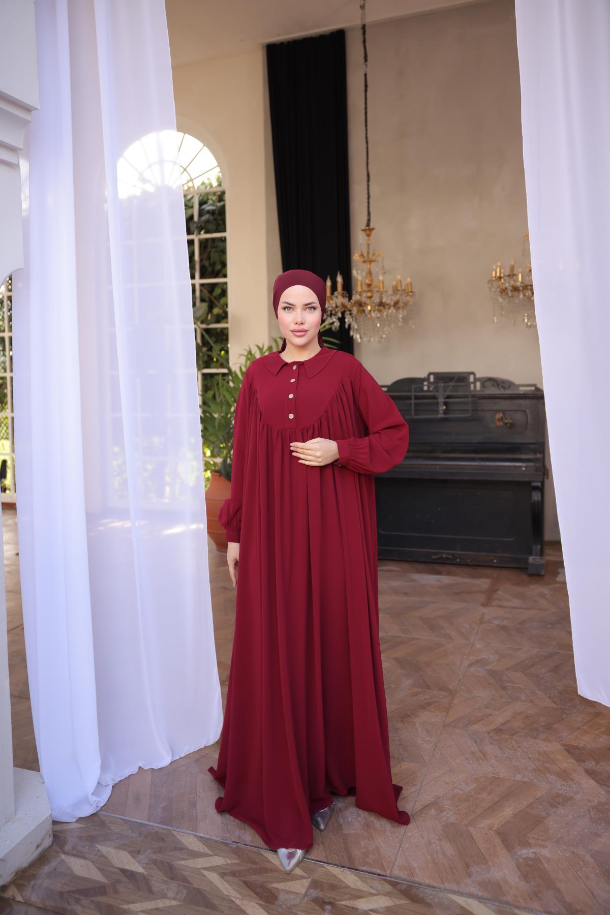 Bordo Gömlek Yaka Düğmeli Elbise Nsr5064