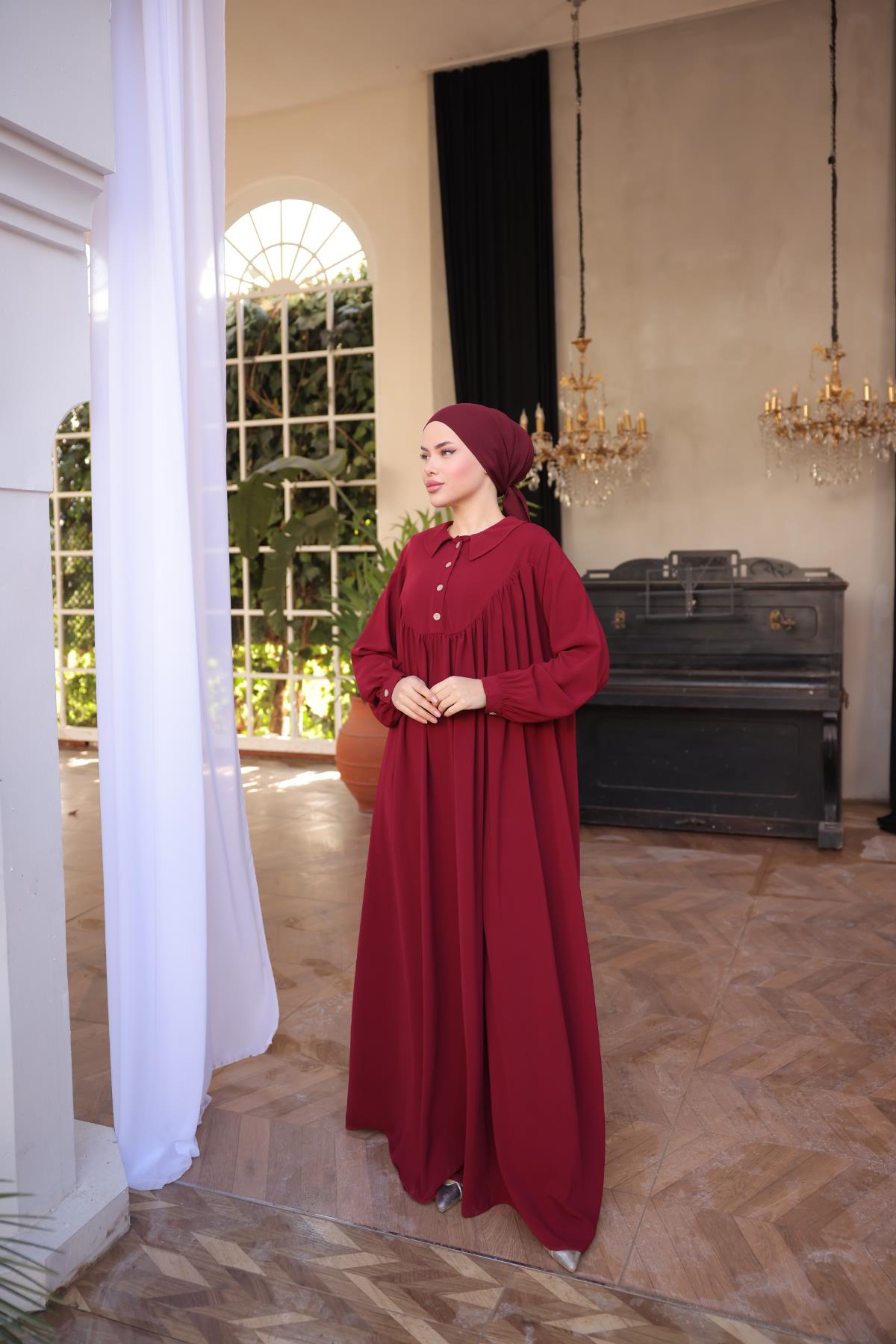 Bordo Gömlek Yaka Düğmeli Elbise Nsr5064