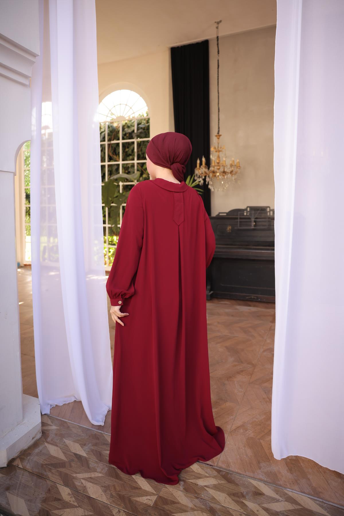 Bordo Gömlek Yaka Düğmeli Elbise Nsr5064