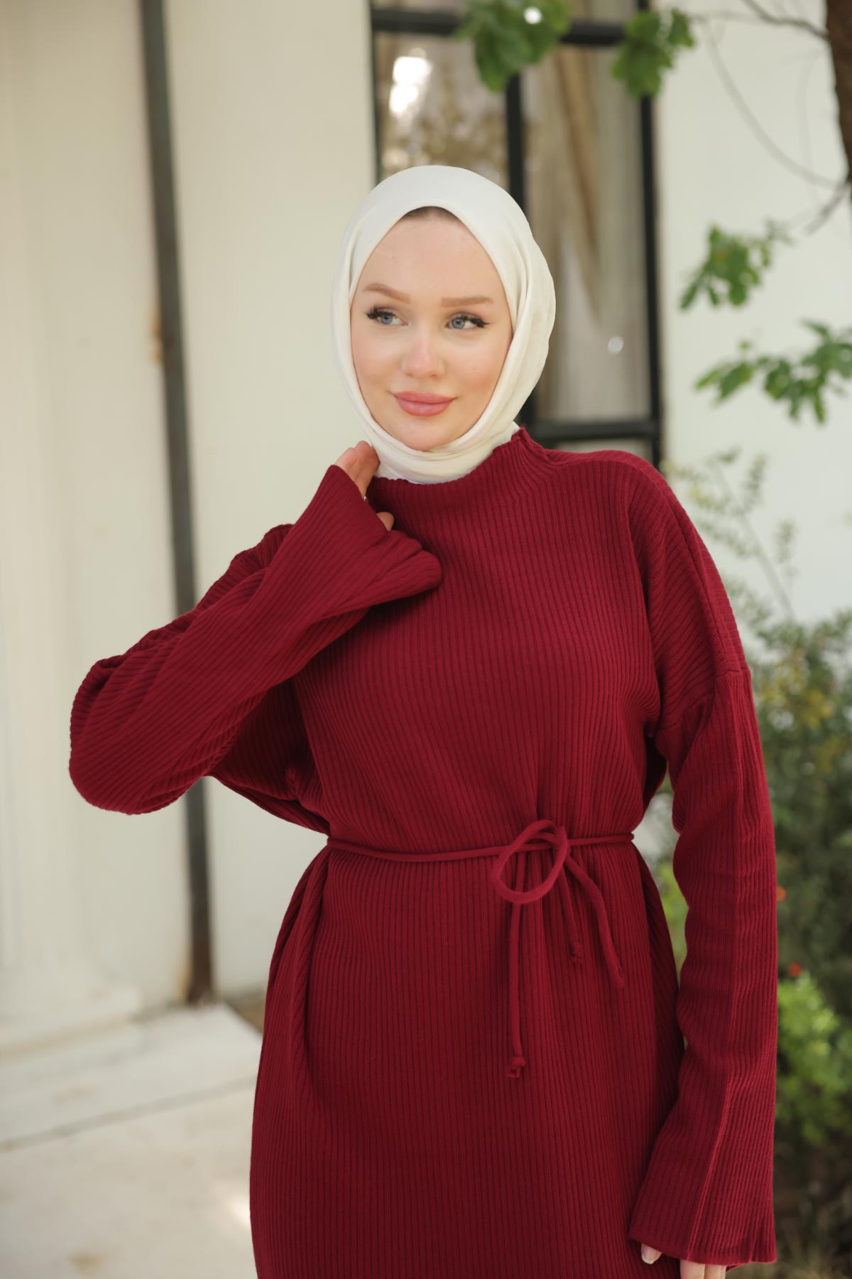 Bordo İp Kuşaklı Rahat Kesim Triko Elbise Nsr7019