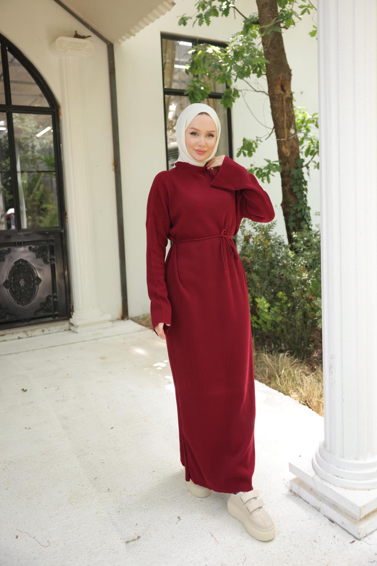 Bordo İp Kuşaklı Rahat Kesim Triko Elbise Nsr7019