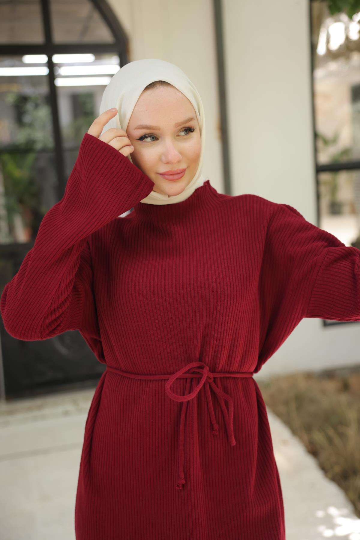 Bordo İp Kuşaklı Rahat Kesim Triko Elbise Nsr7019