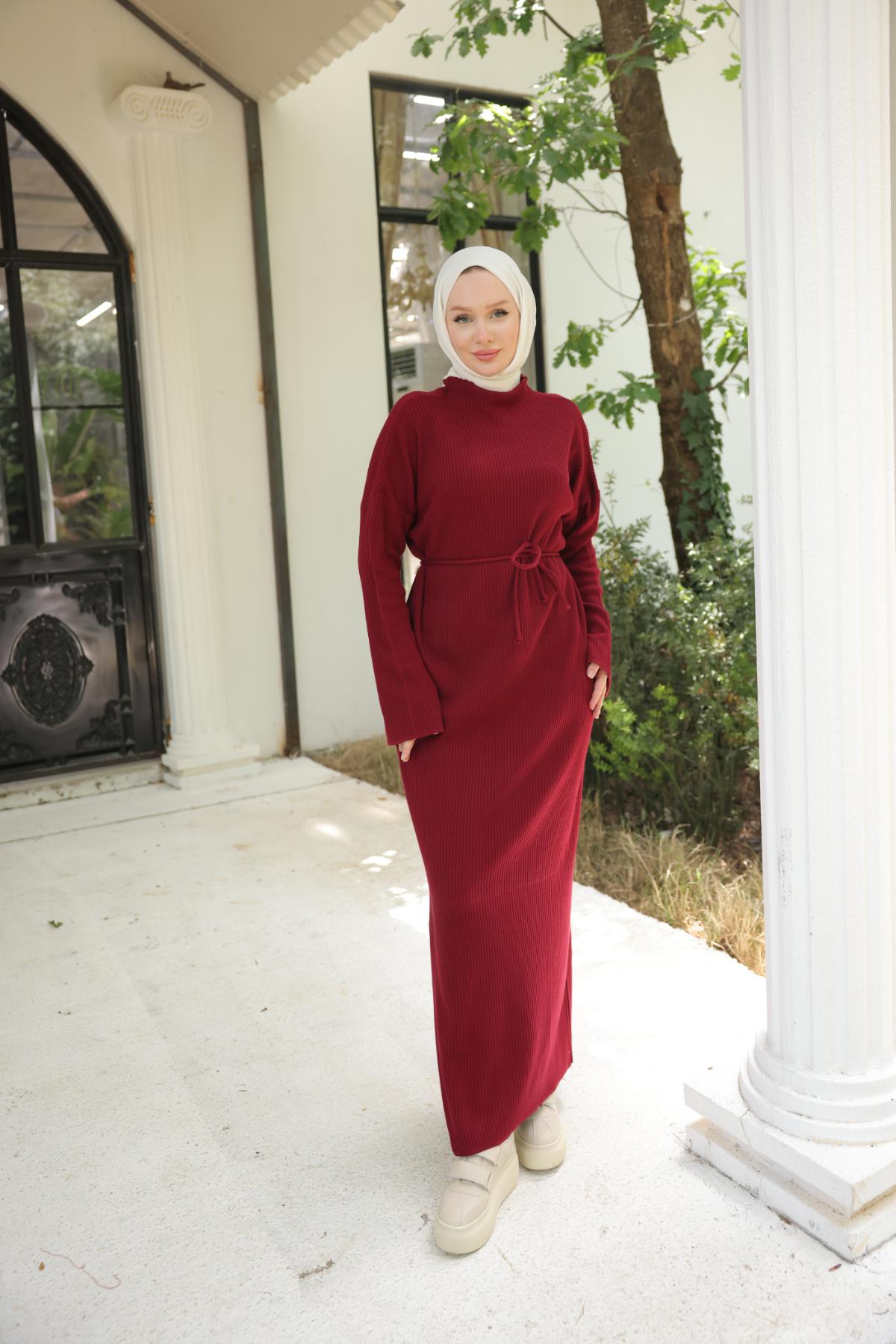 Bordo İp Kuşaklı Rahat Kesim Triko Elbise Nsr7019