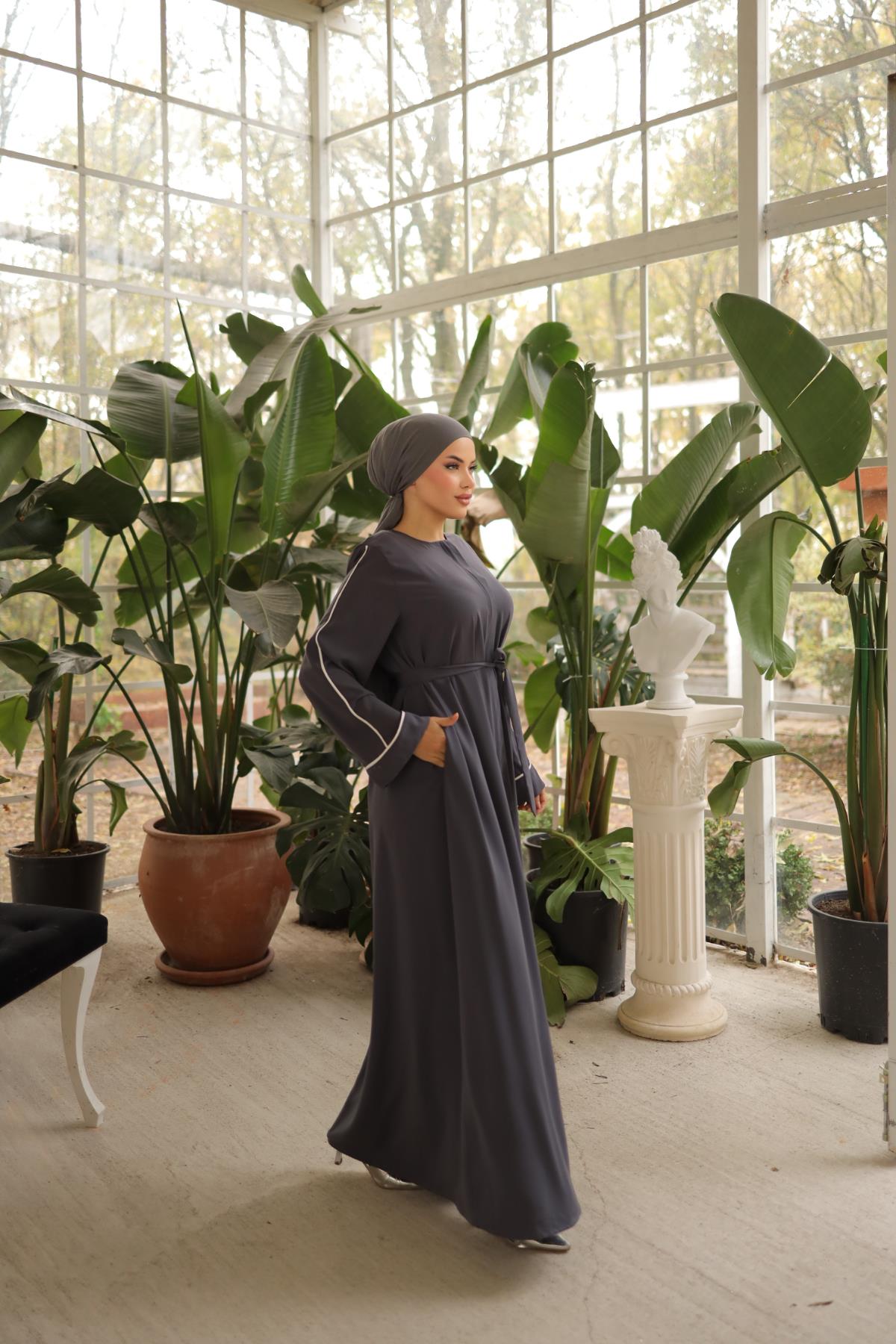 Füme Gizli Patlı Biyeli Abaya Kol Ferace Nsr5058