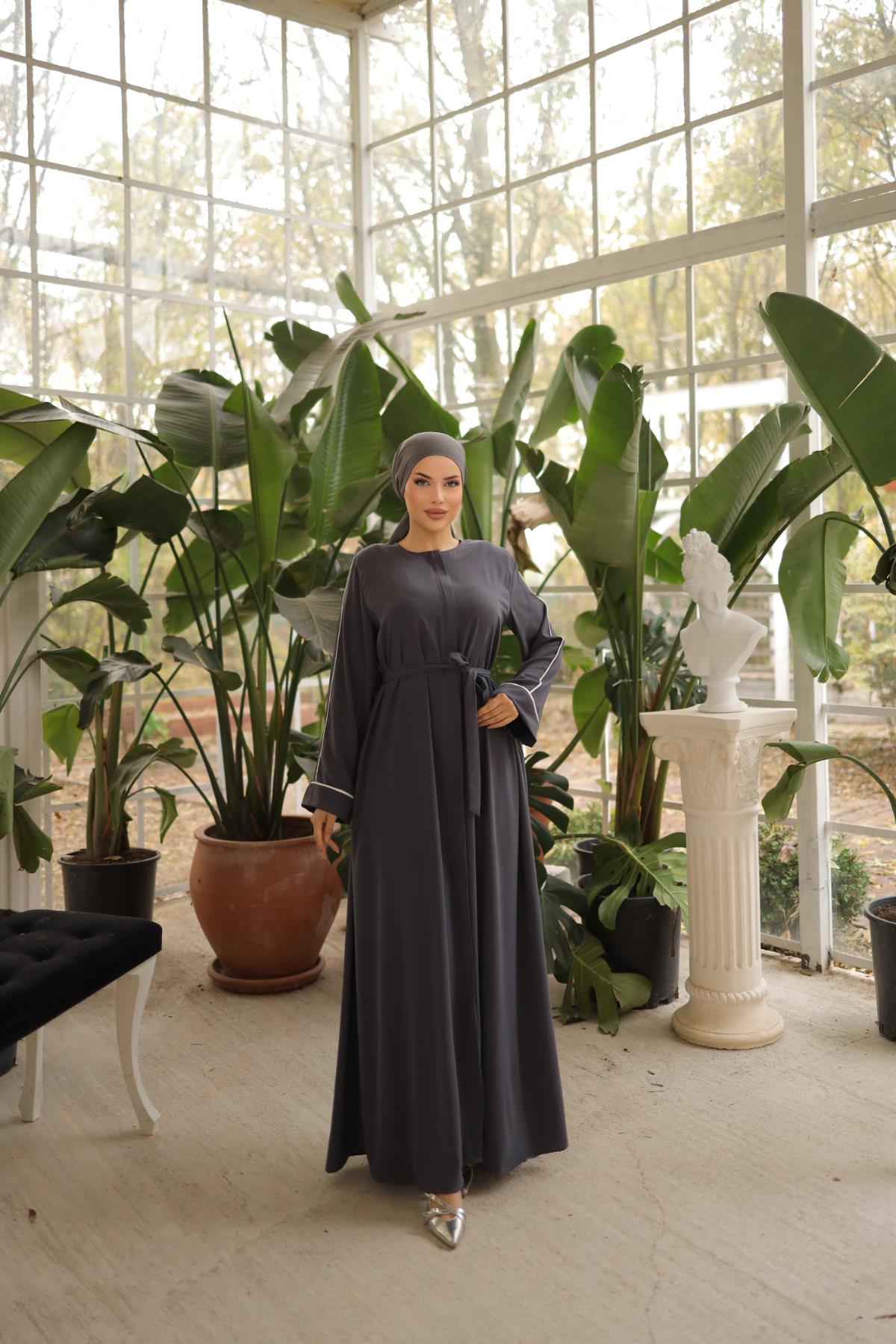 Füme Gizli Patlı Biyeli Abaya Kol Ferace Nsr5058