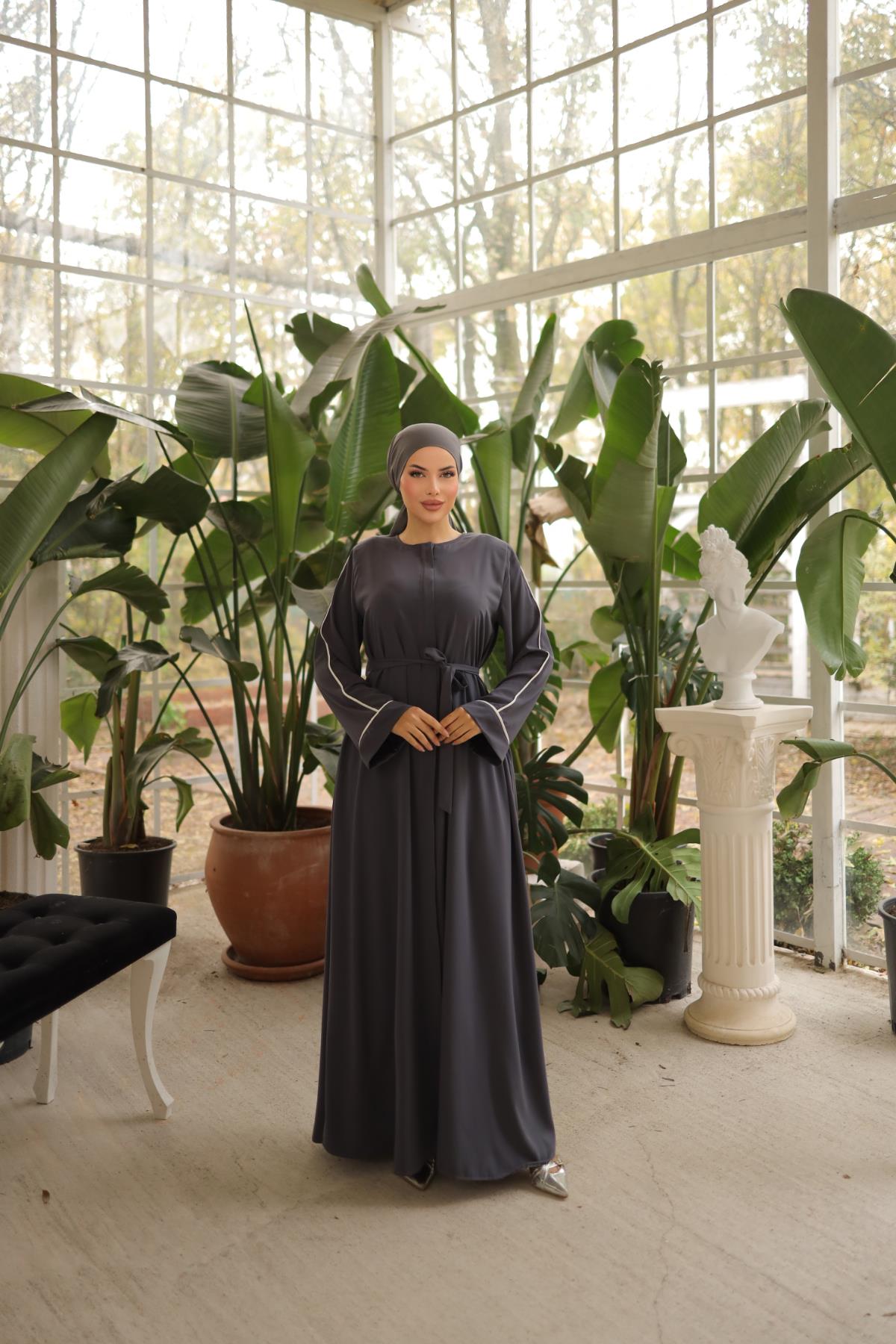 Füme Gizli Patlı Biyeli Abaya Kol Ferace Nsr5058