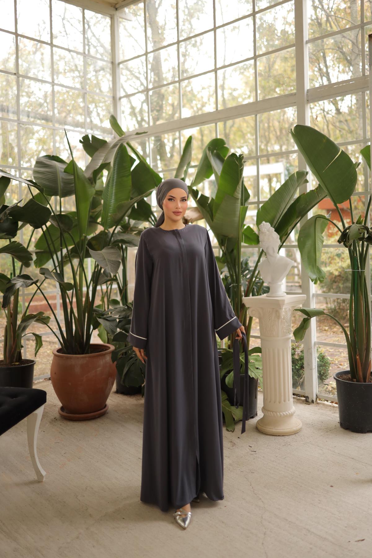 Füme Gizli Patlı Biyeli Abaya Kol Ferace Nsr5058