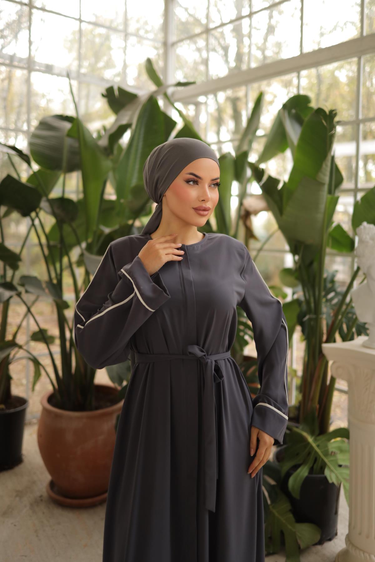 Füme Gizli Patlı Biyeli Abaya Kol Ferace Nsr5058