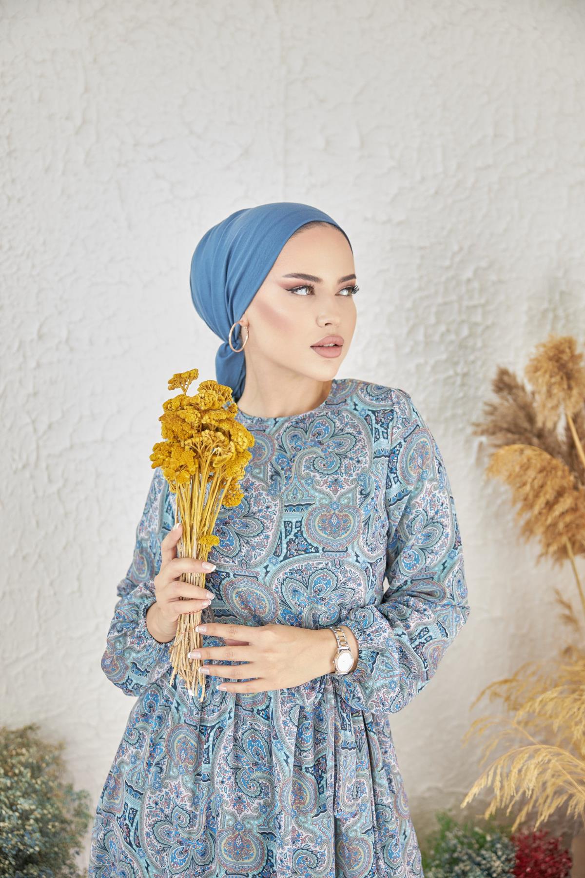 İndigo Etnik Desenli Şifon Elbise Nsr1002