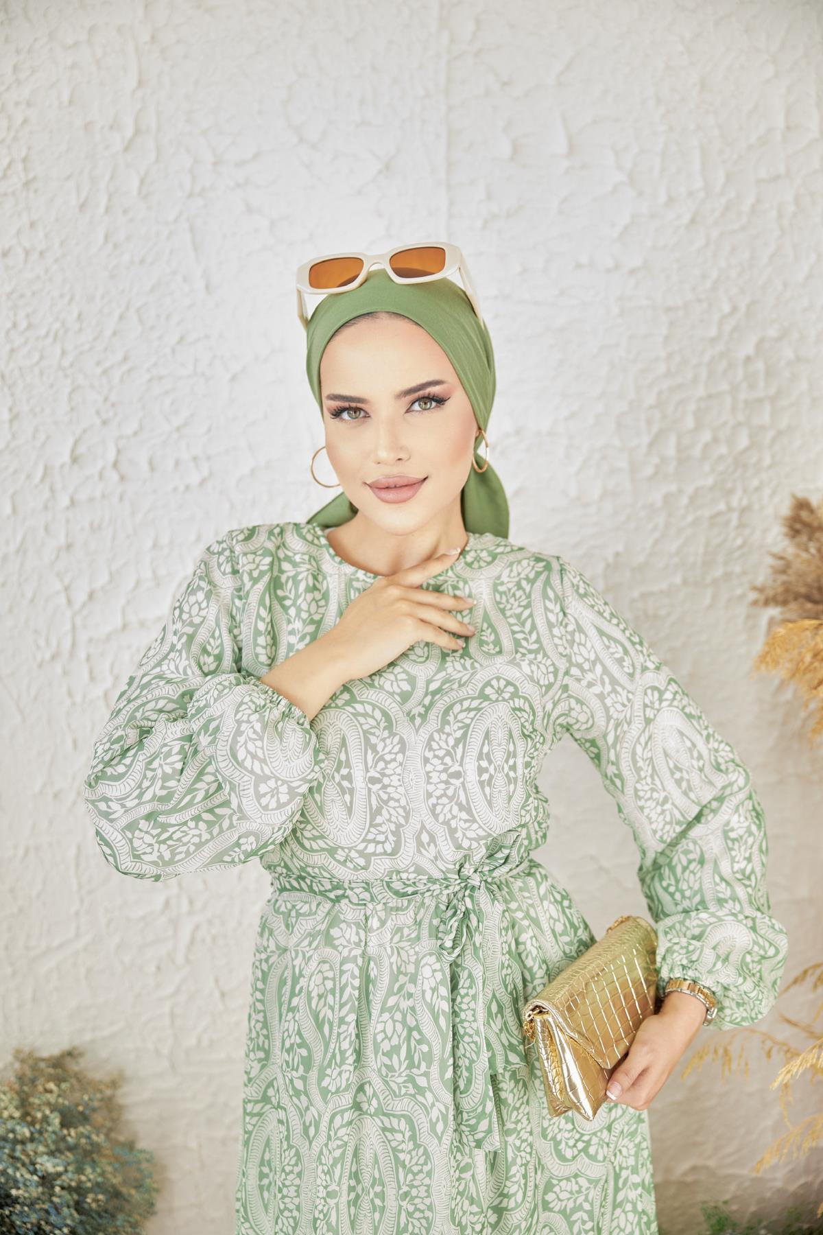 Yeşil Otantik Desenli Şifon Elbise Nsr1003