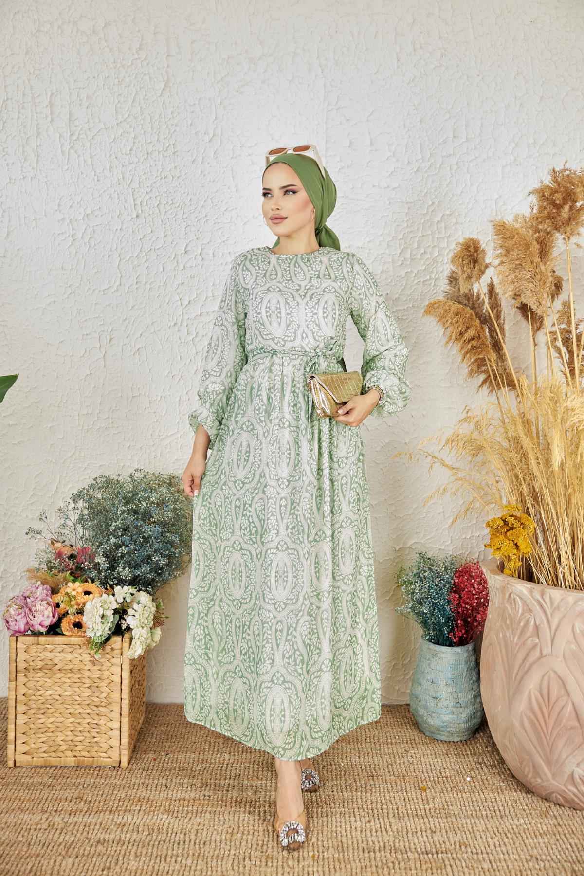 Yeşil Otantik Desenli Şifon Elbise Nsr1003
