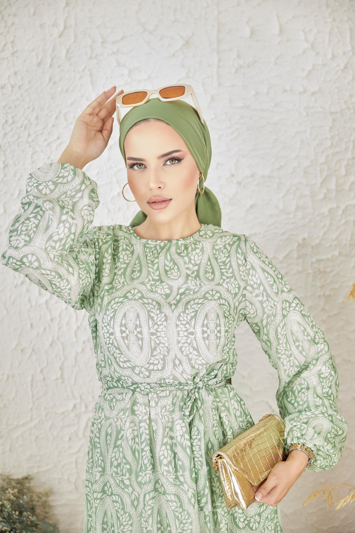 Yeşil Otantik Desenli Şifon Elbise Nsr1003