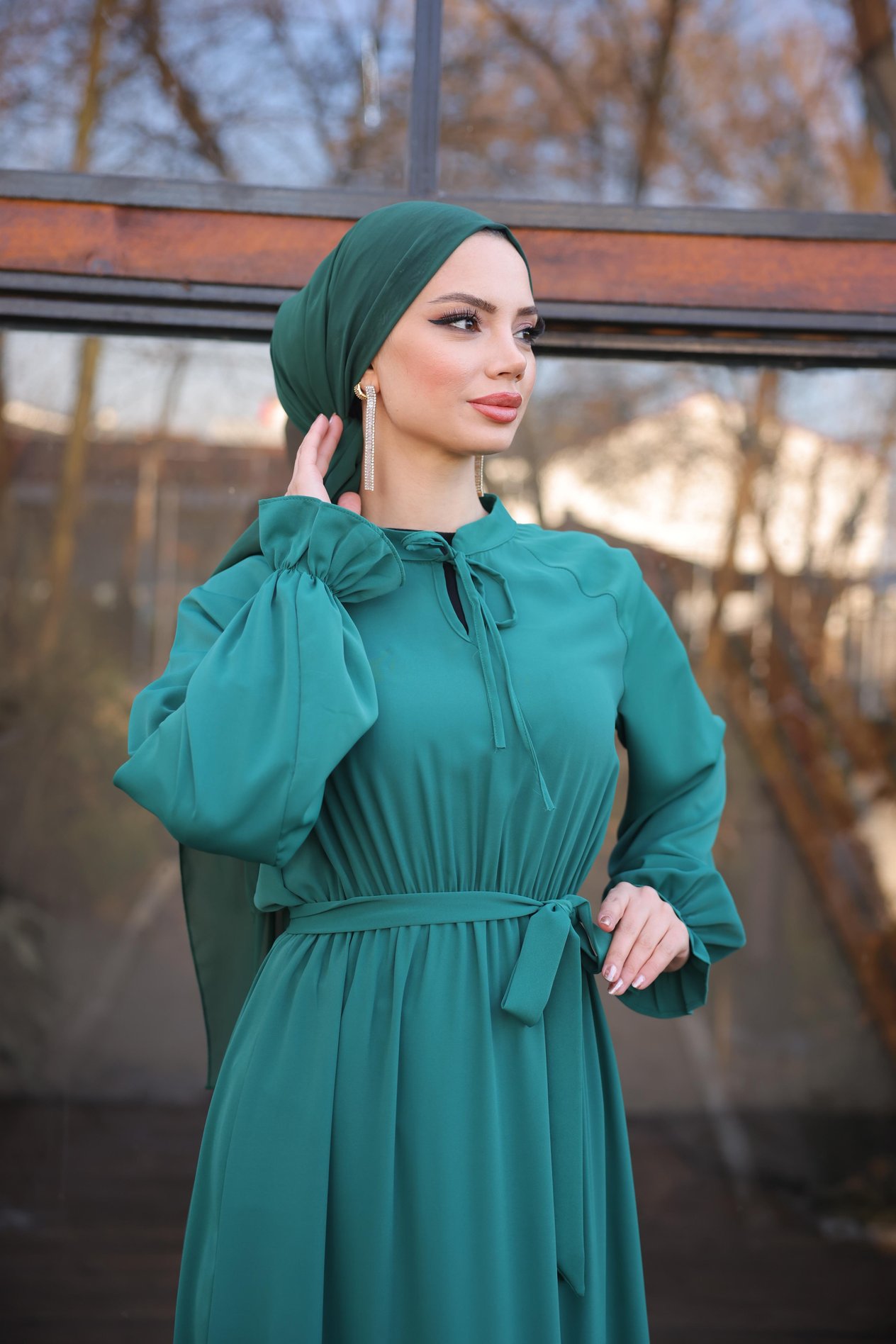 Zümrüt Yeşili Reglan Kol Bel Lastikli Elbise Nsr5077