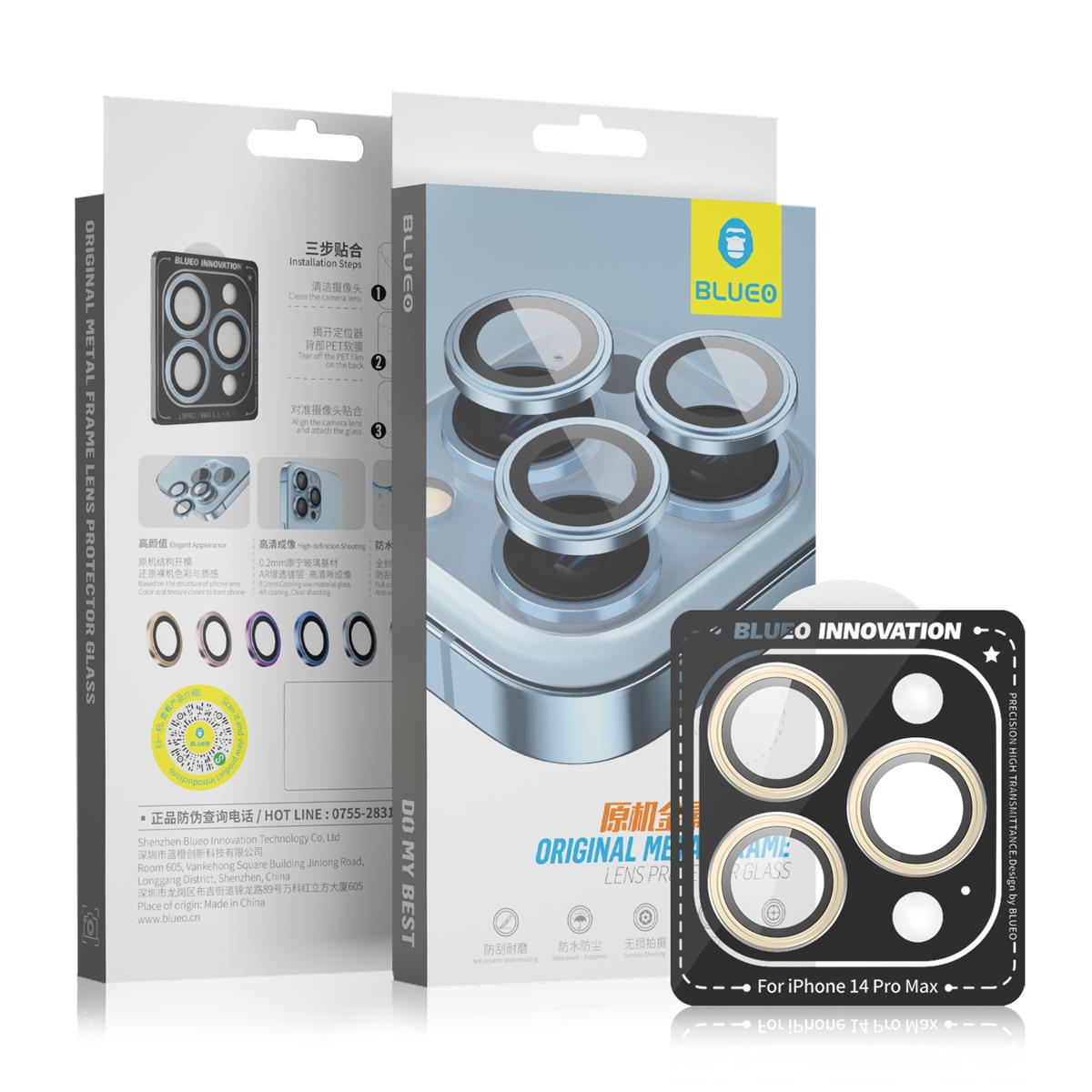 Blueo Metal Çerçeve Lens Koruyucu 3 adet iP 13 Pro/iP 13 Pro Max Altın