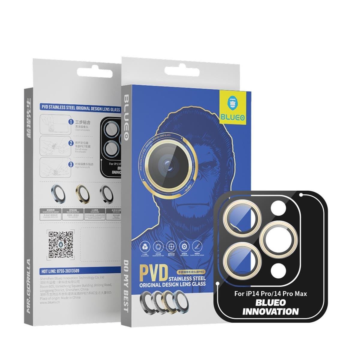 Blueo PVD Stainless Steel Lens Koruyucu iP 14 Pro/iP 14 Pro Max 3 adet Altın