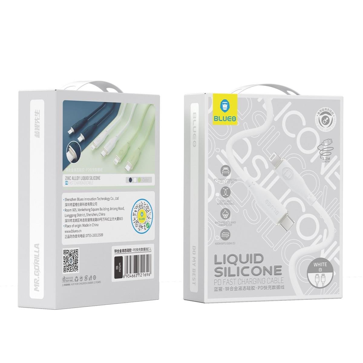 Blueo Type-C to Lightning iPhone uyumlu PD Hızlı Şarj ve Data Kablosu 1.2M Liquid Silikon Beyaz