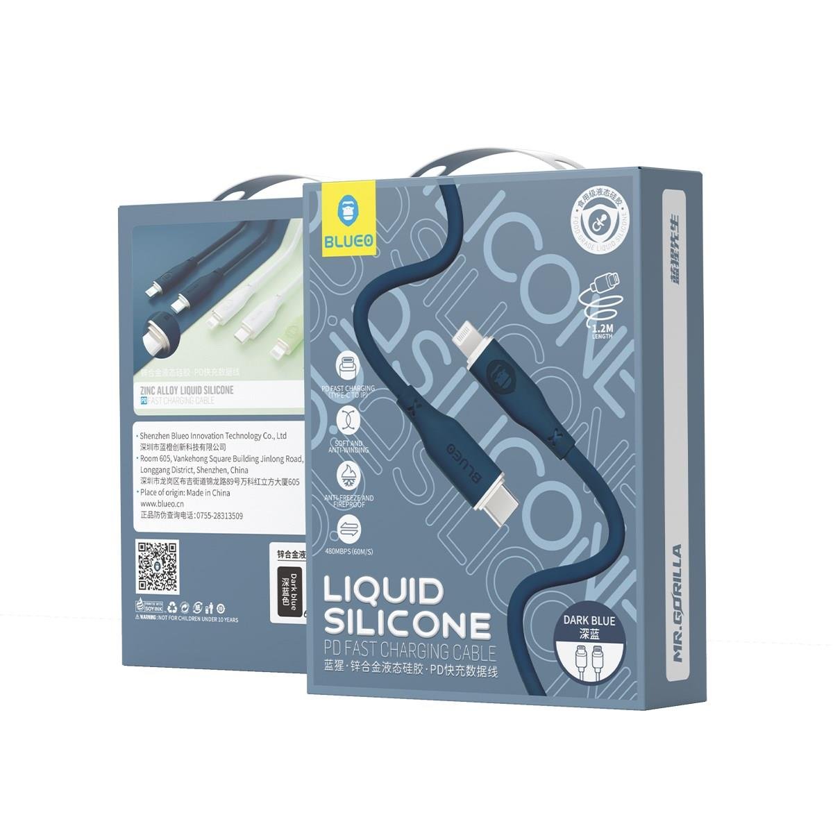 Blueo Type-C to Lightning iPhone uyumlu PD Hızlı Şarj ve Data Kablosu 1.2M Liquid Silikon Mavi