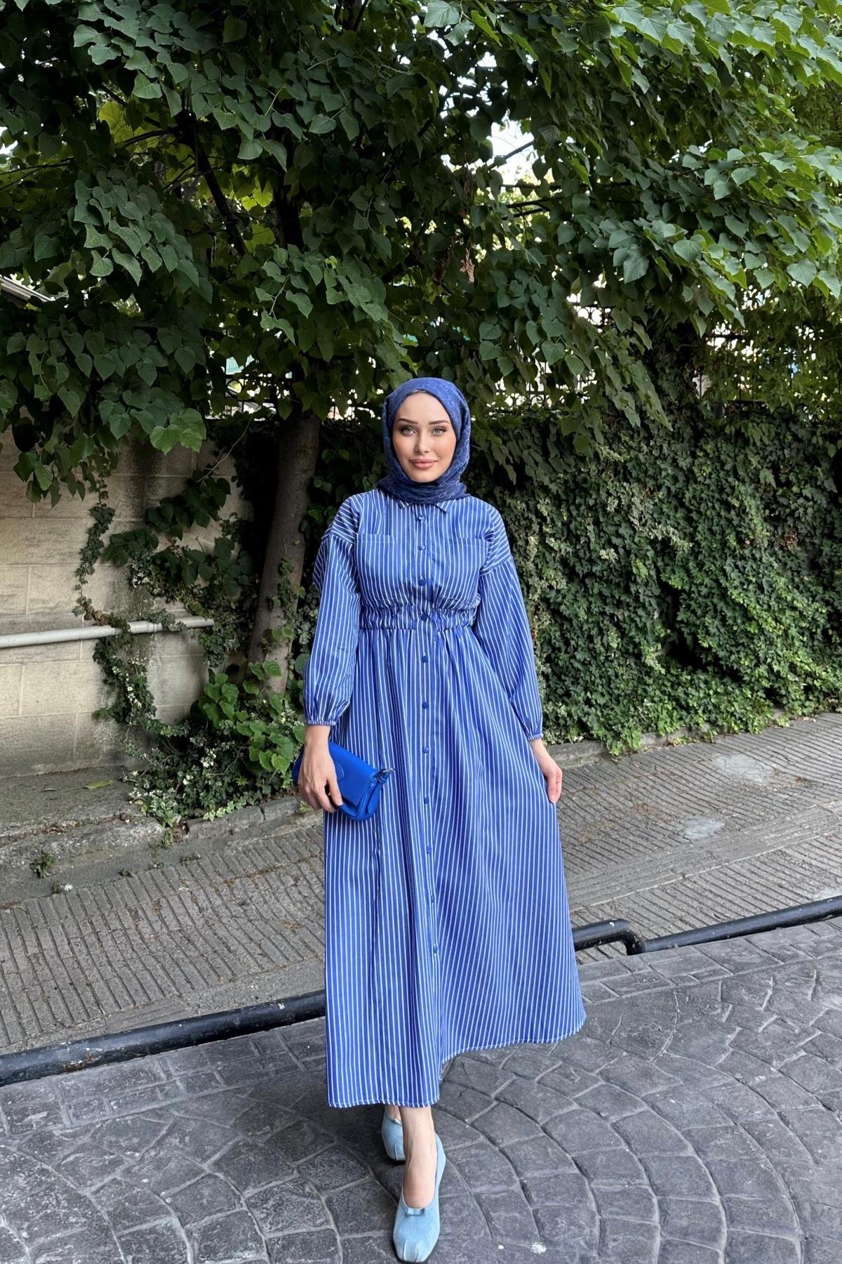 Çizgi Desen Elbise LACİVERT
