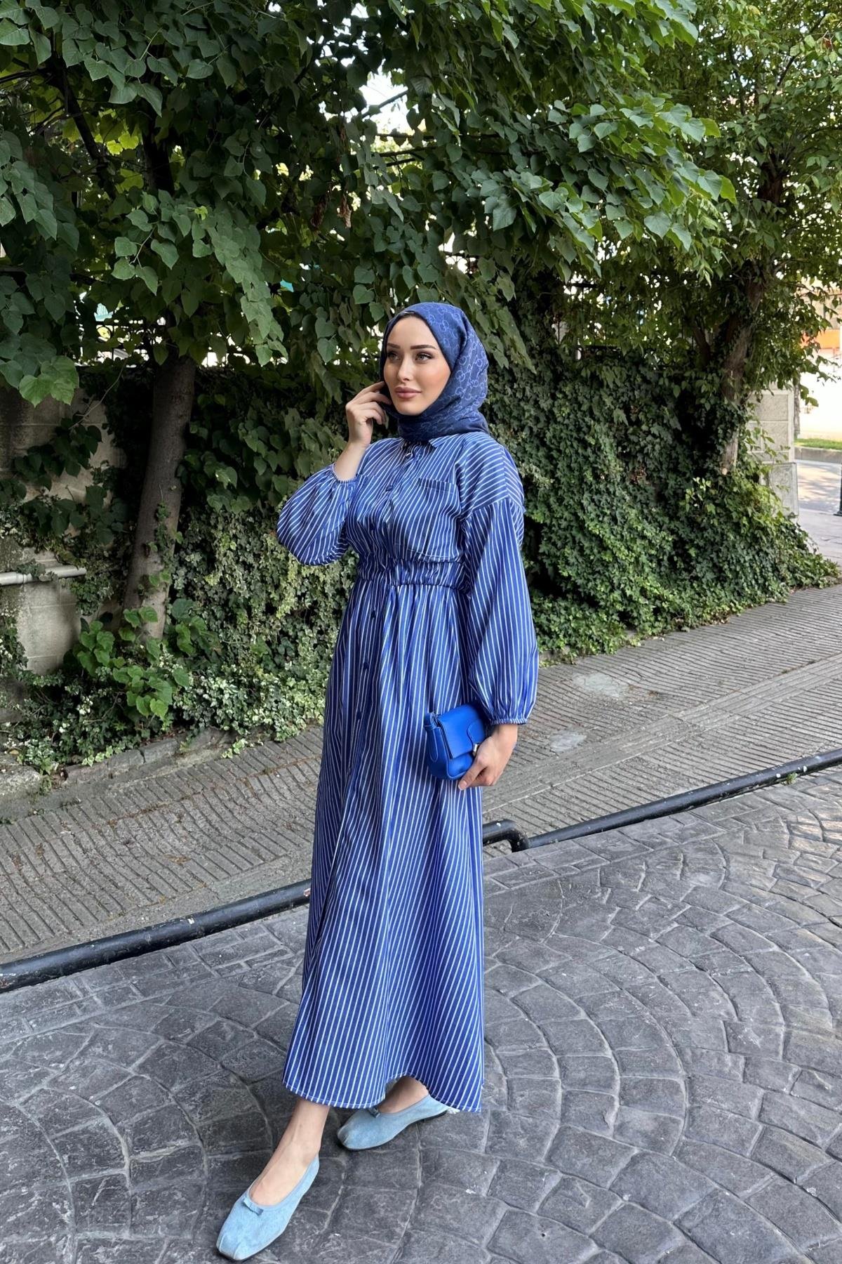 Çizgi Desen Elbise LACİVERT
