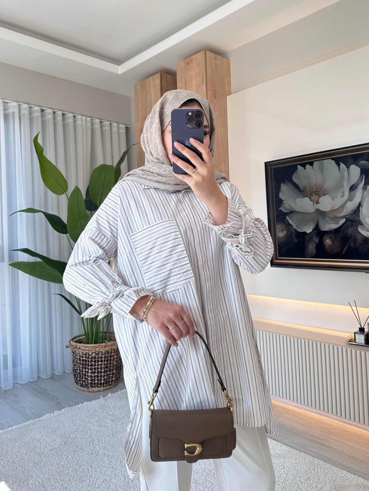 Çizgili Poplin Tunik Pembe