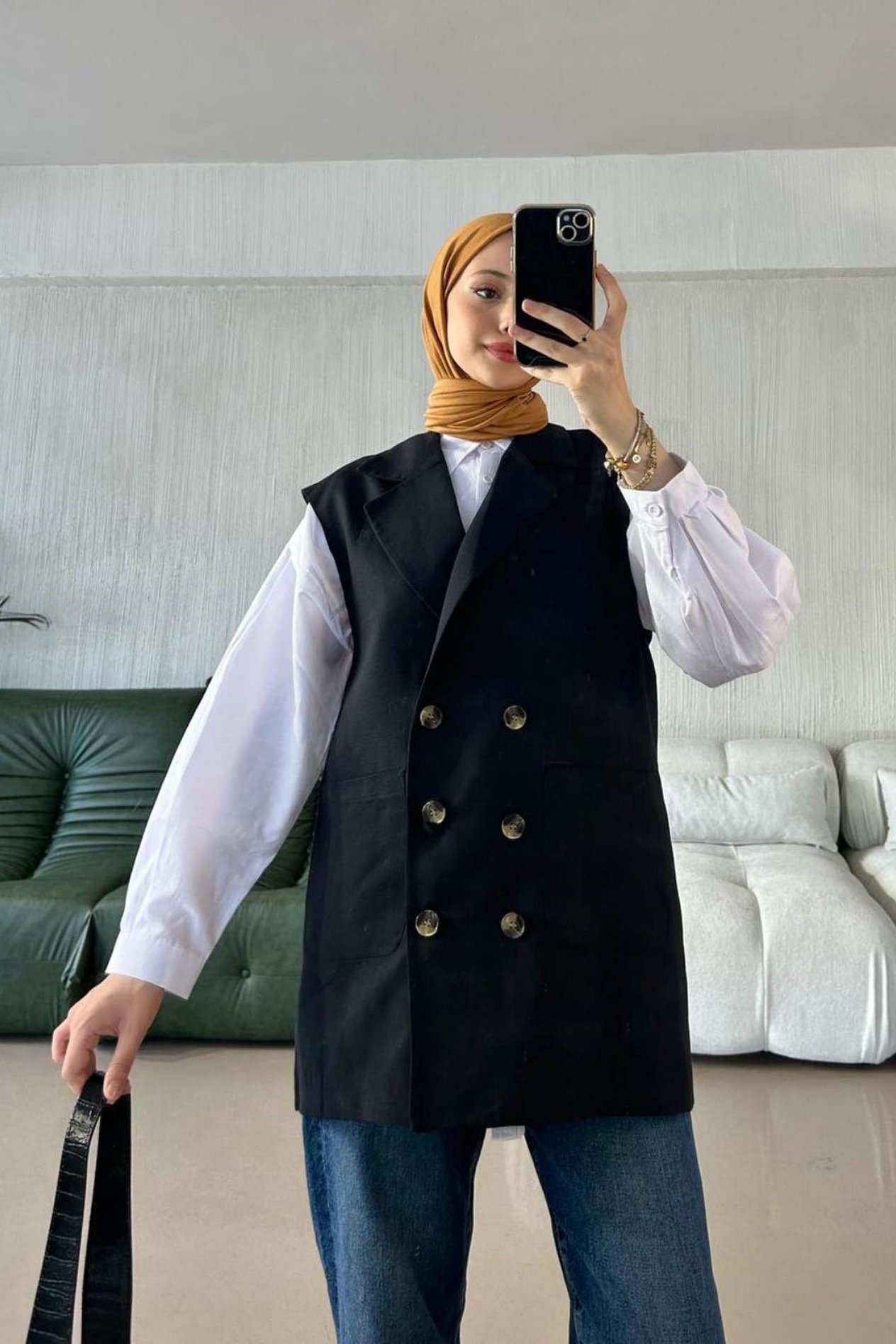 Keten Blazer Yelek SİYAH