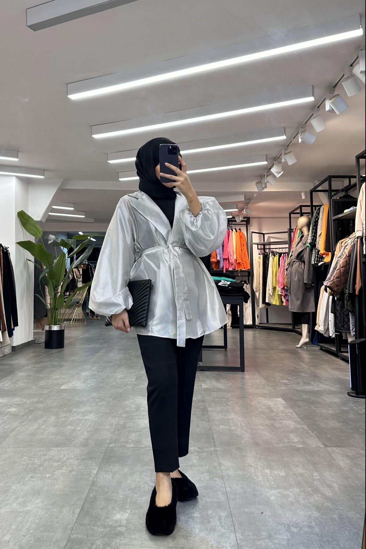 Organze Balon Kol Ceket GRİ