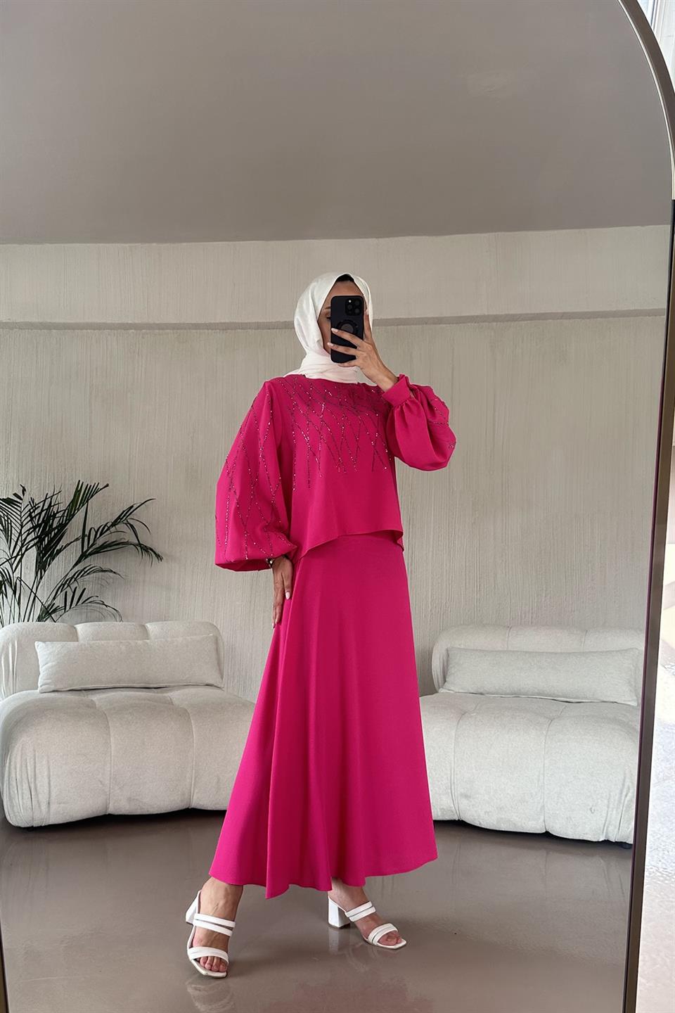 Taş Desen Etekli Takım - Pembe