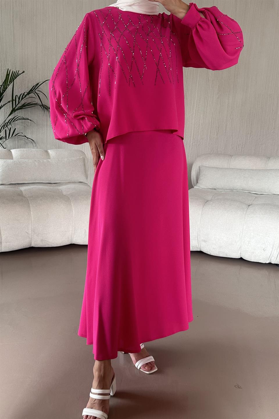 Taş Desen Etekli Takım - Pembe