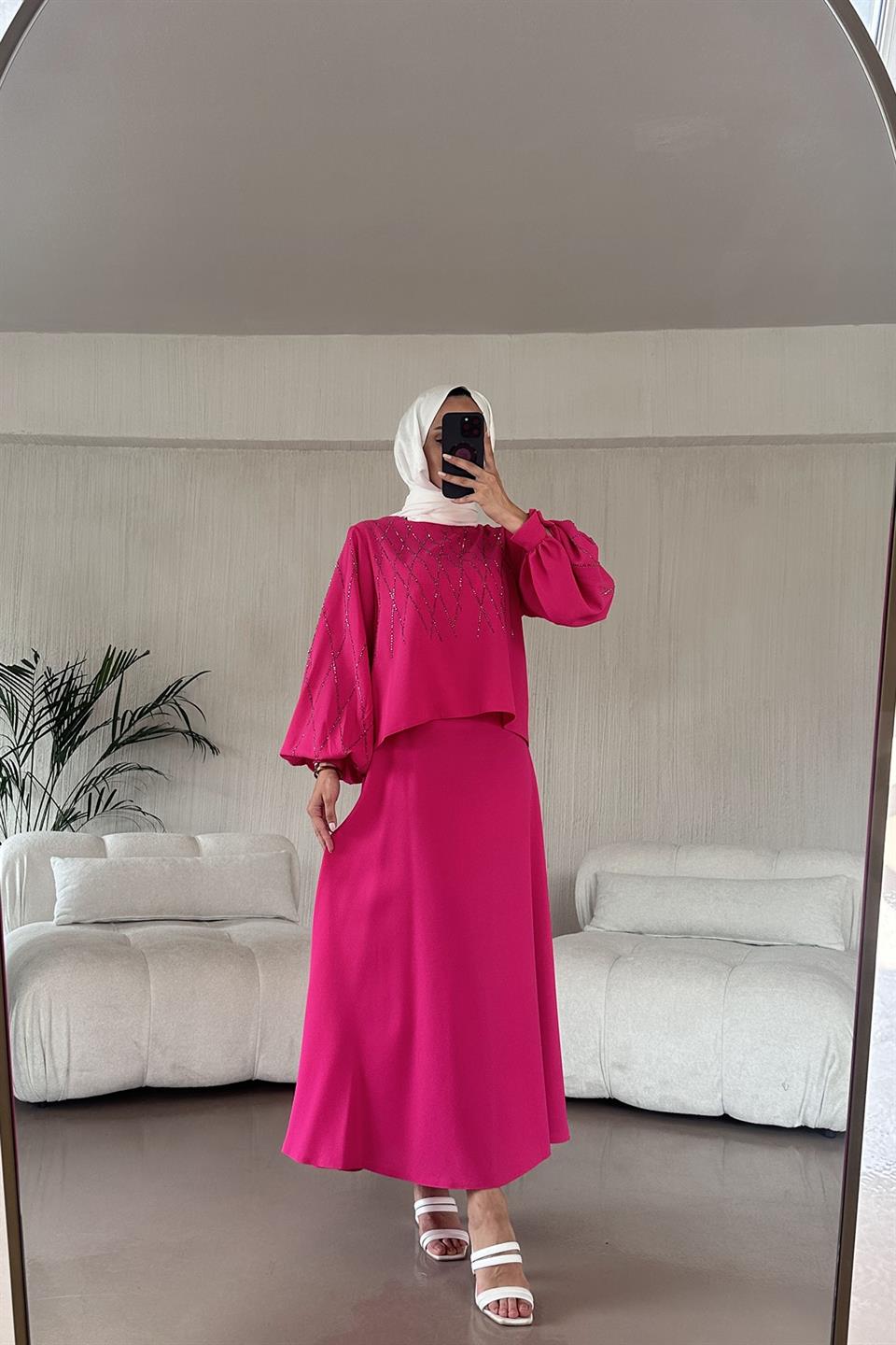 Taş Desen Etekli Takım - Pembe