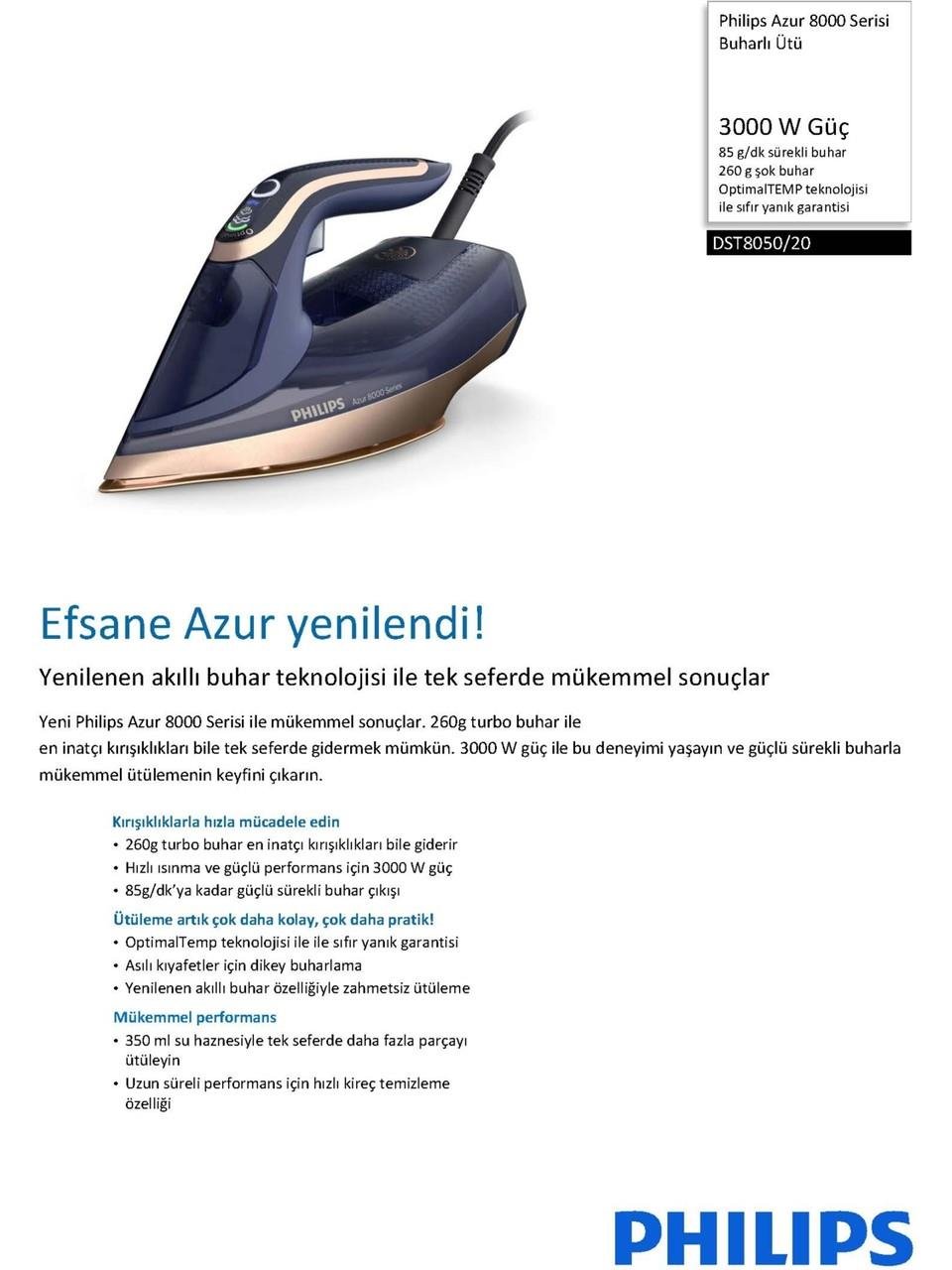 Philips Azur 8000 Serisi DST8050/20 3000 W Buharlı Ütü