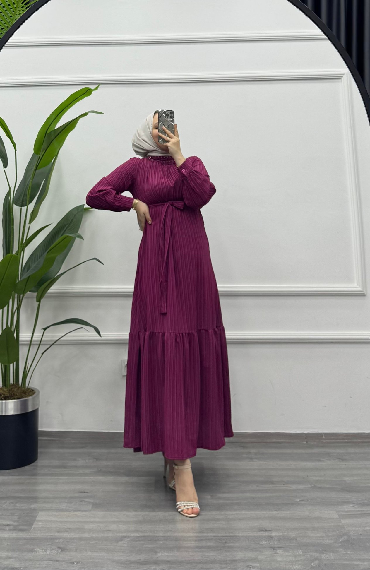 Bqre Boynu Taşlı Bürümcük Elbise Bordo (7159)