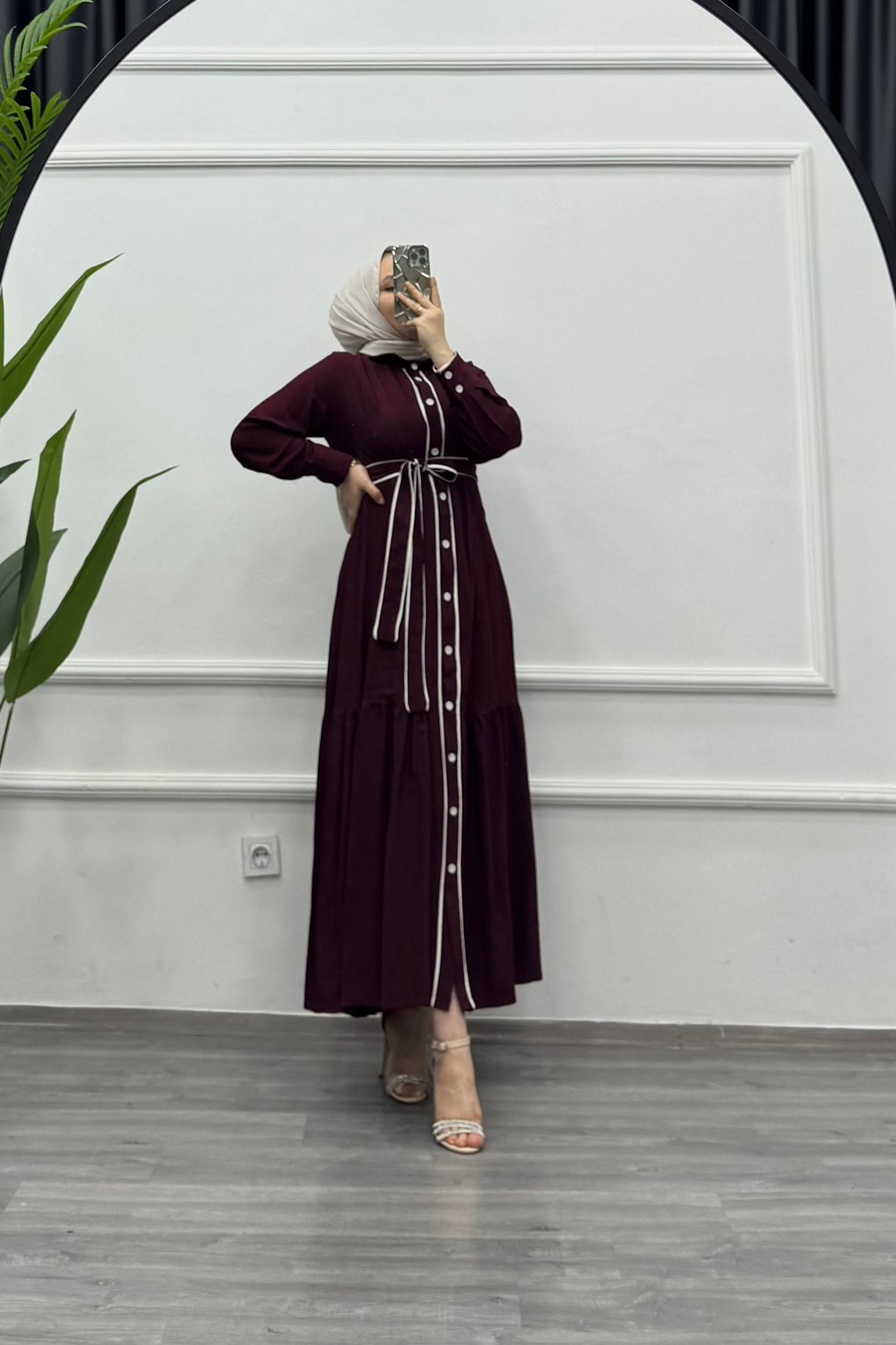 Bqre Keten Biyeli Elbise Bordo (7165)