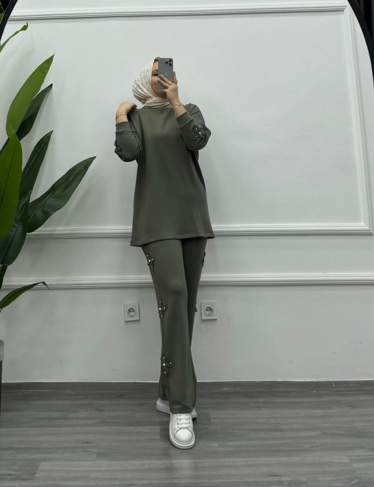 Bqre Pantalon Çiçekli Takım Yeşil (2127)