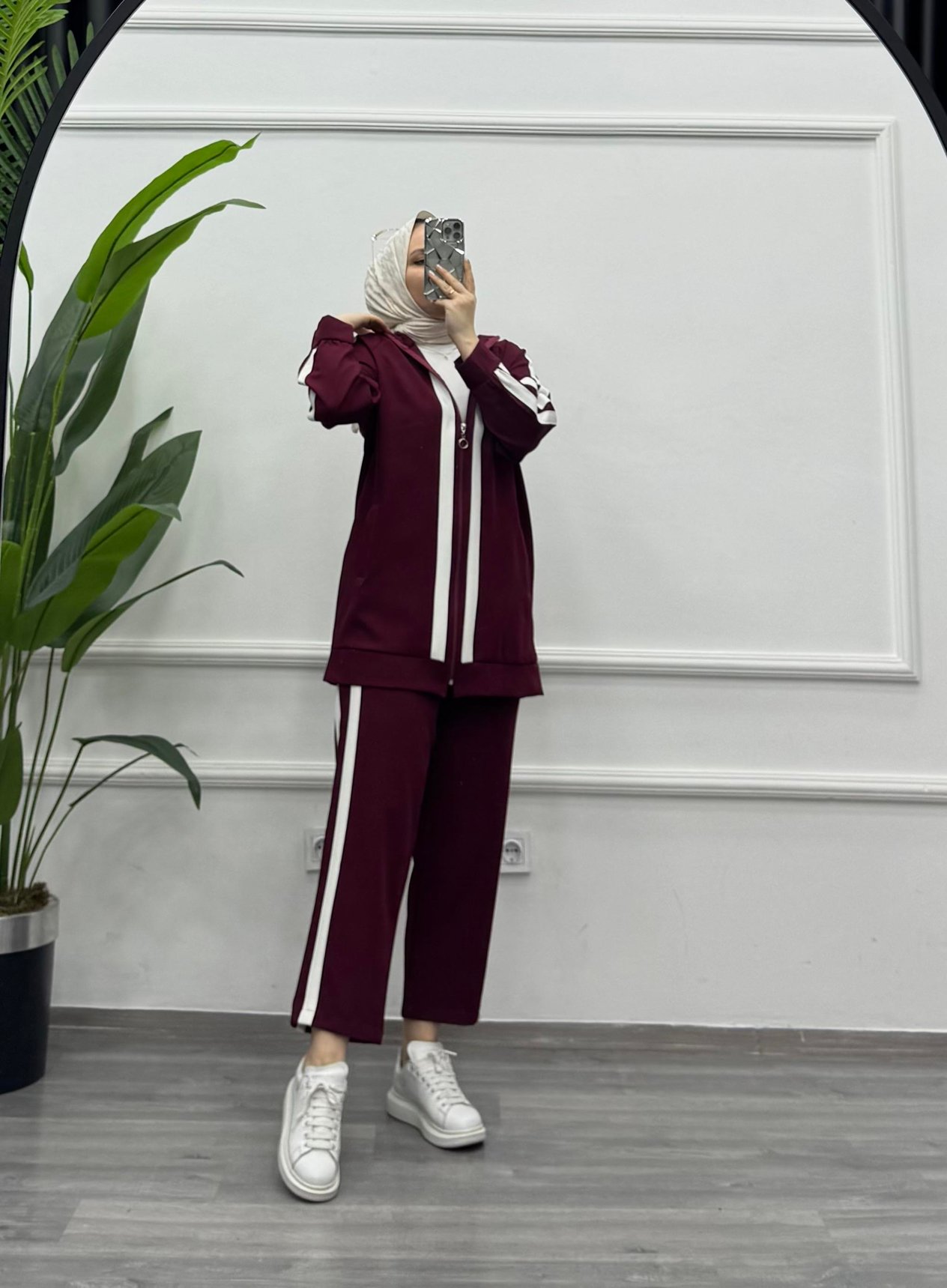 Pilise Krep Kumaş İki Şerit Takım Bordo (22647)