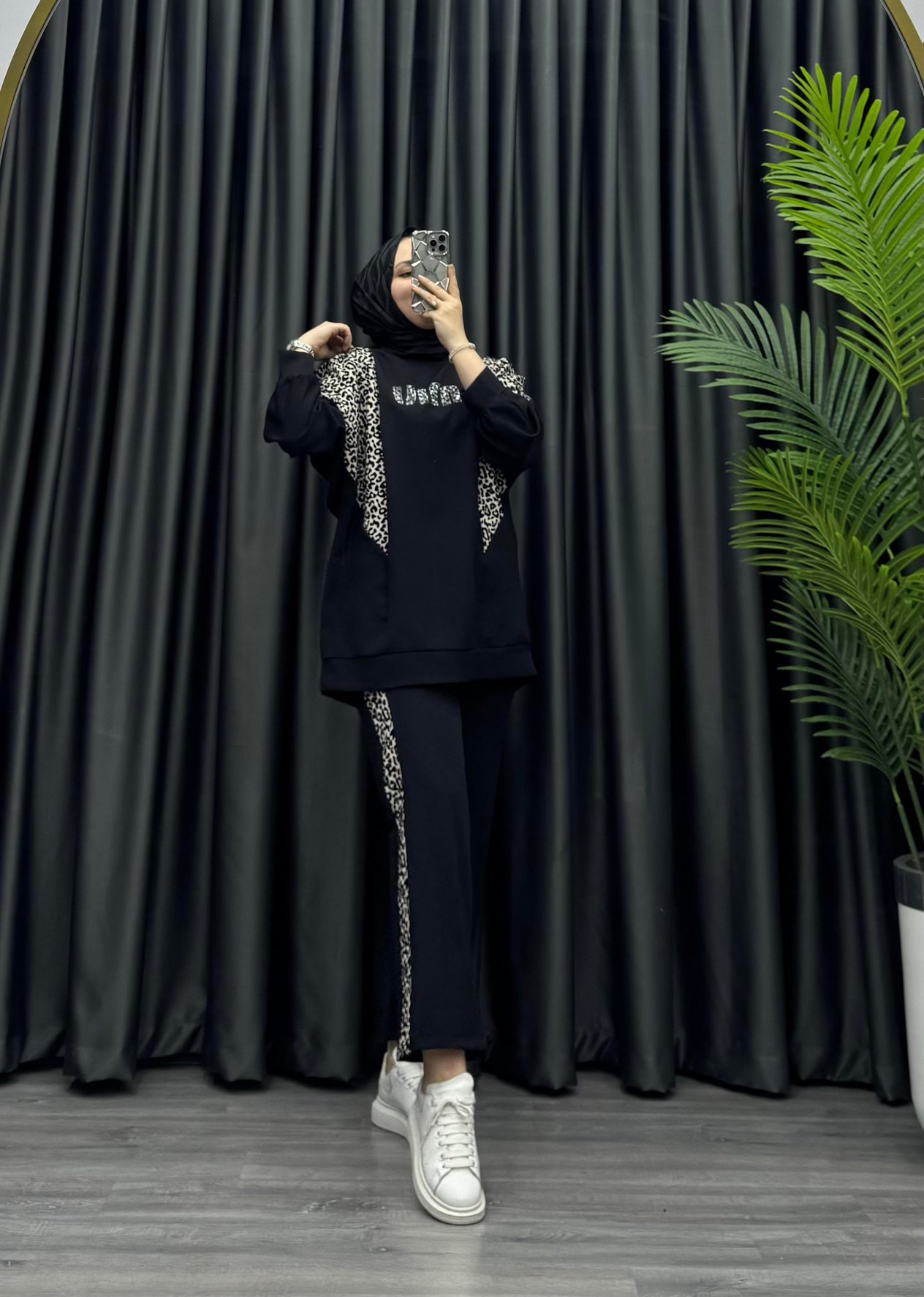 Pilise Krep Kumaş MİU Leopar  Takım siyah (22630)