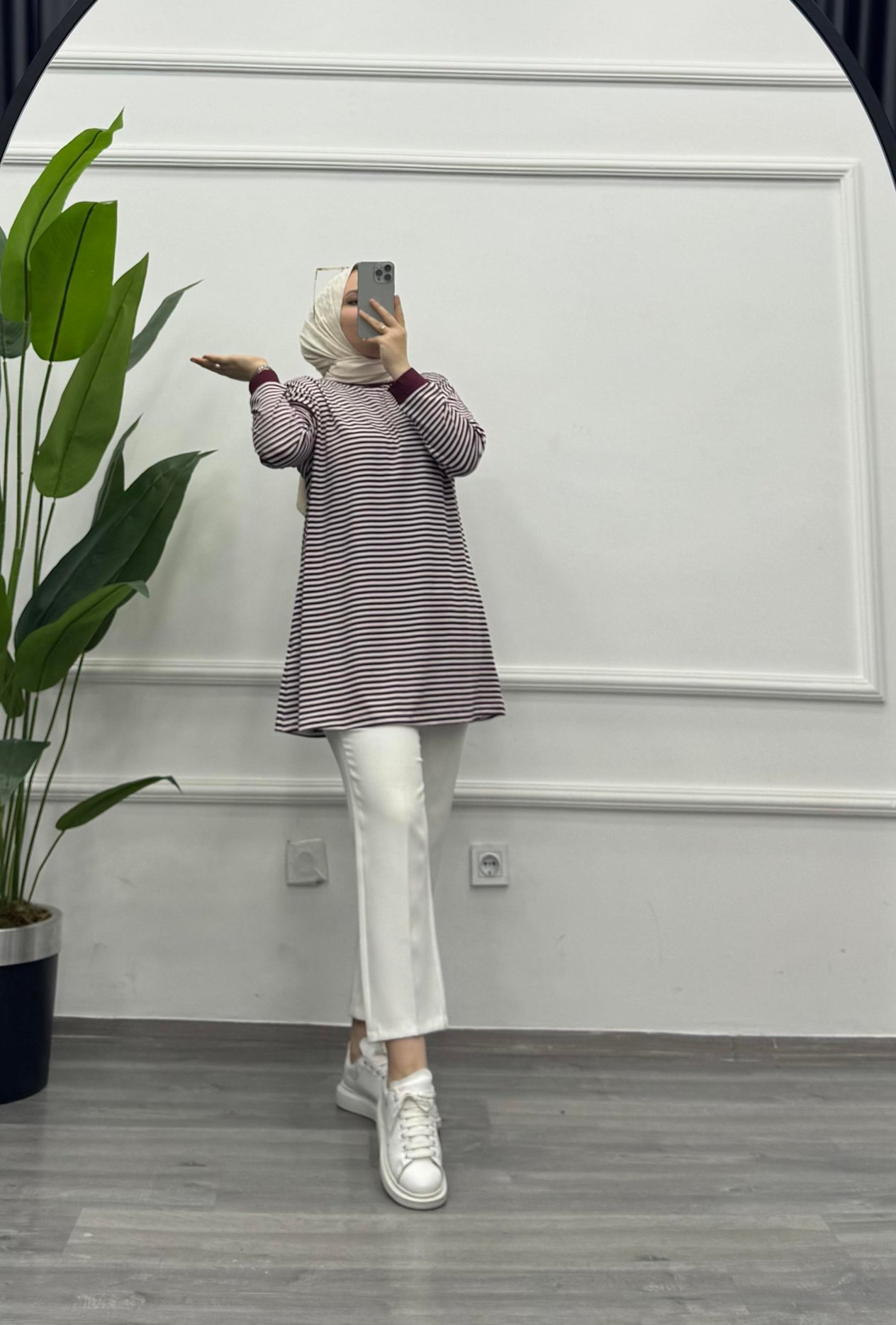 Plise Kısa Çizgili Penye Swet Bordo 