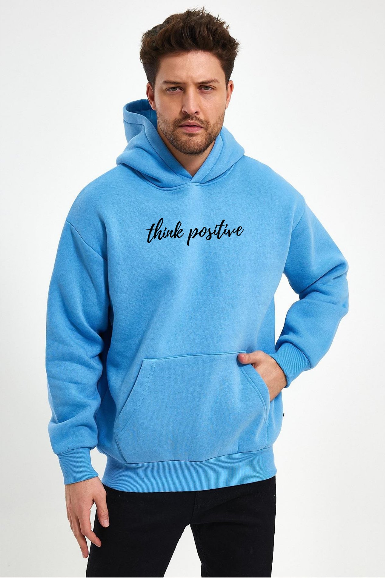 FİHA/2050-UNISEX BASKILI ŞARDONLU KAPŞONLU SWEAT - LICHEN BLUE