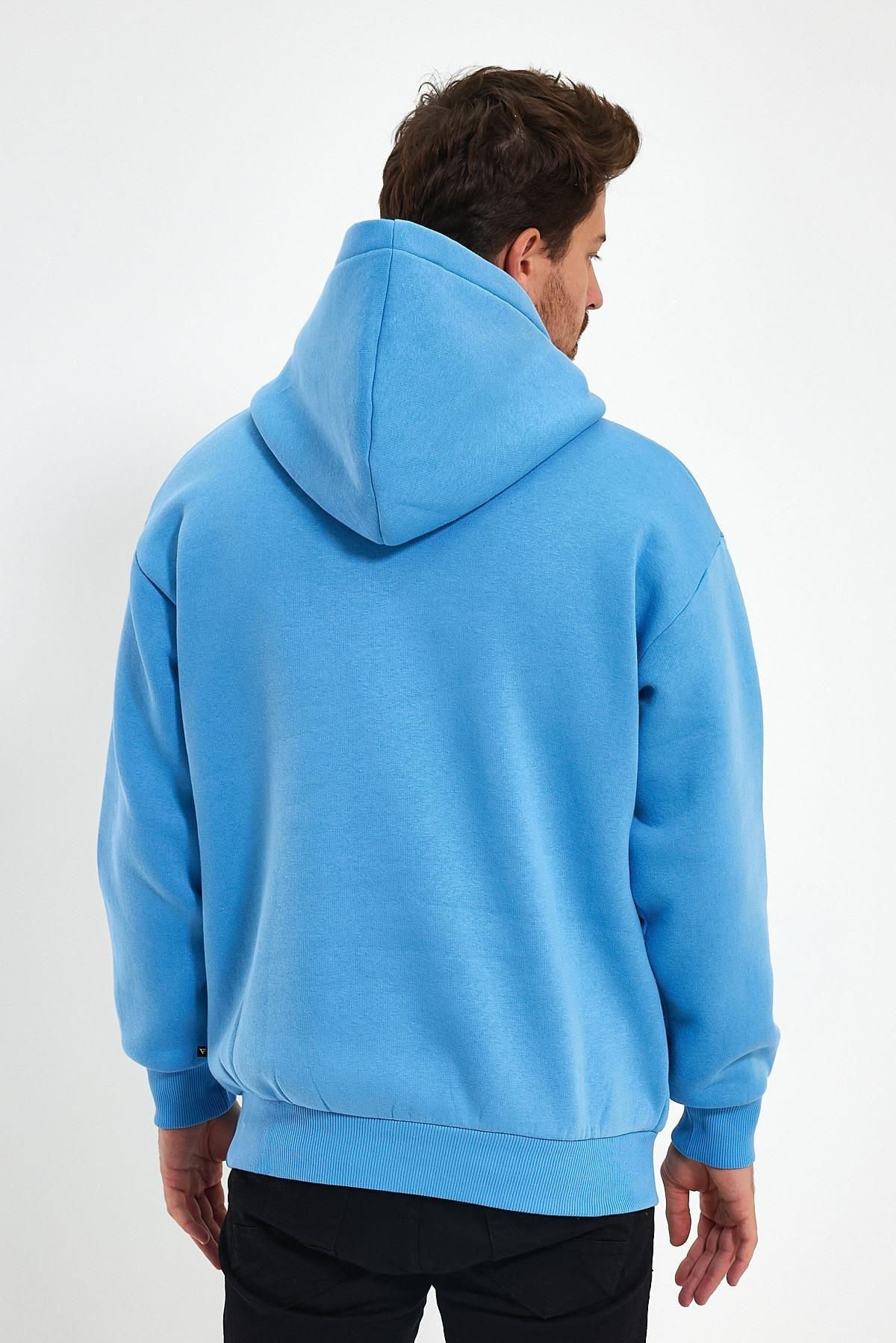 FİHA/2050-UNISEX BASKILI ŞARDONLU KAPŞONLU SWEAT - LICHEN BLUE