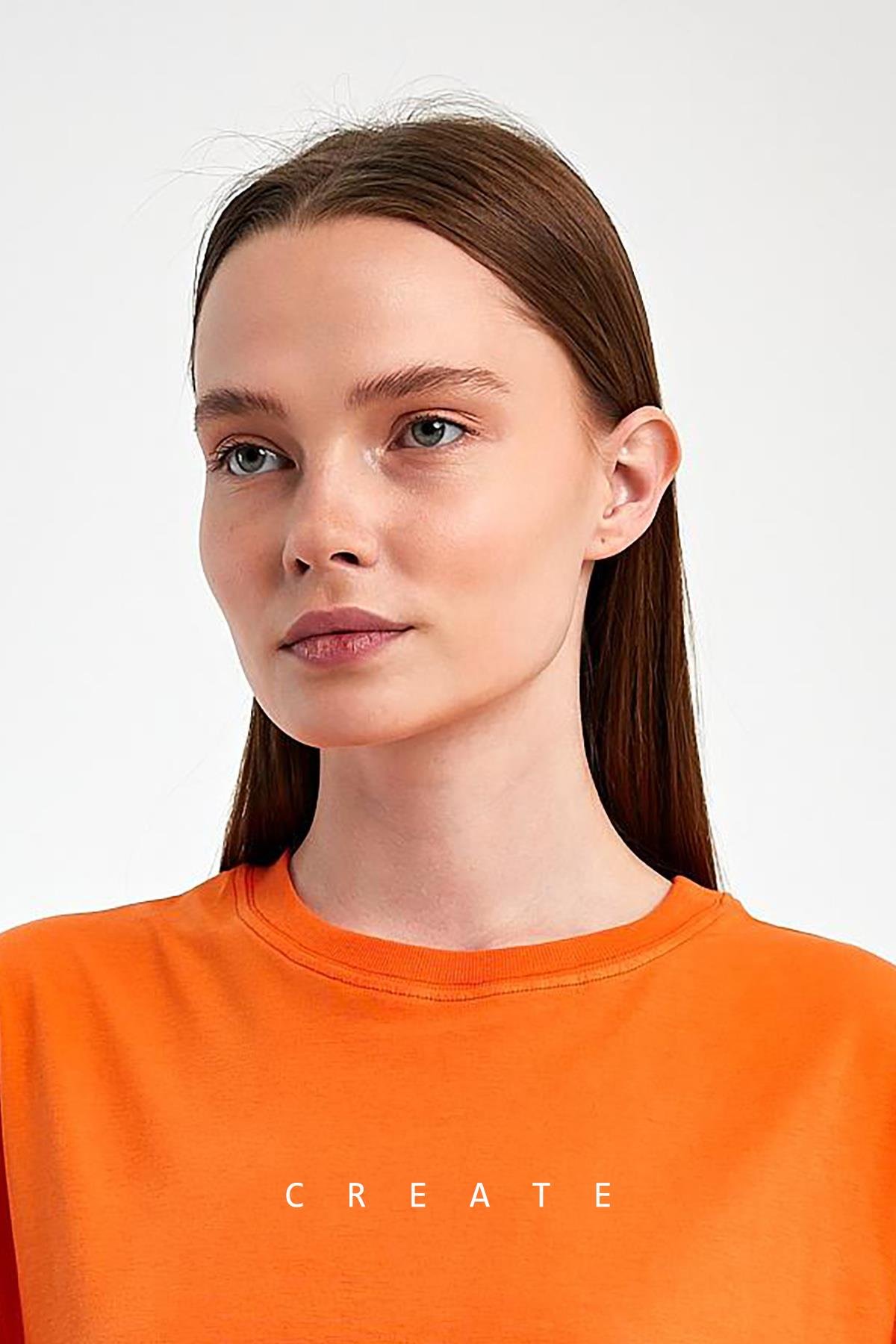FİHA/2071-KADIN BASKILI OVERSIZE T-SHIRT - ORANJ