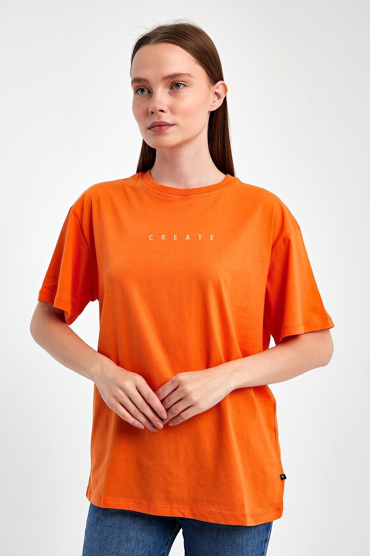 FİHA/2071-KADIN BASKILI OVERSIZE T-SHIRT - ORANJ