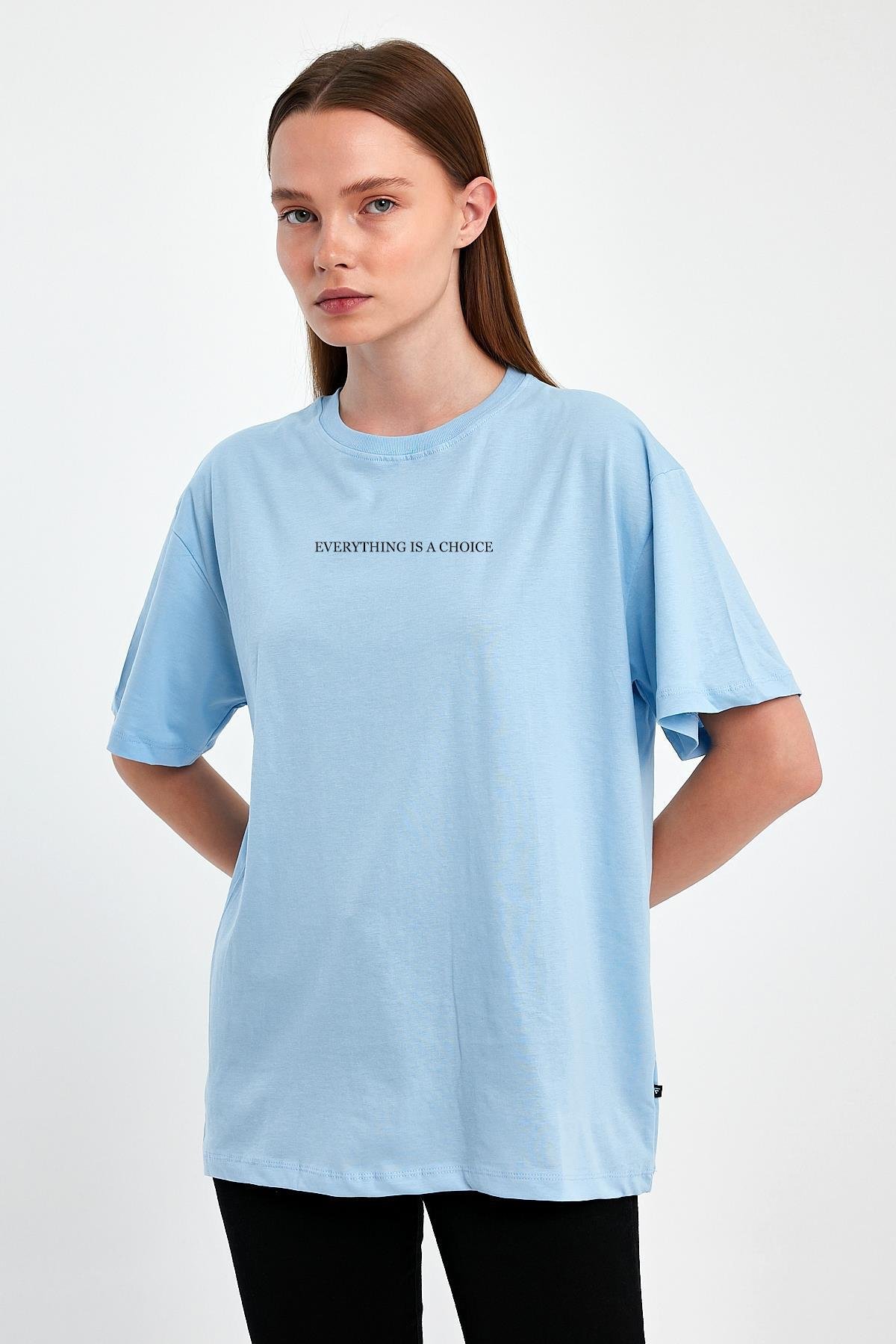 FİHA/2072-KADIN BASKILI OVERSIZE T-SHIRT - AİRY BLUE