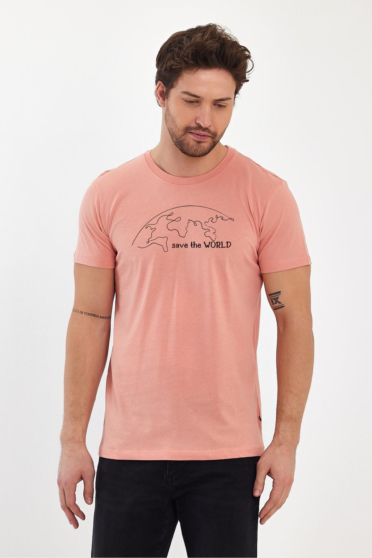 FİHA/2076-ERKEK BASKILI KOMPAK SIFIR YAKA TSHIRT - APRICOT
