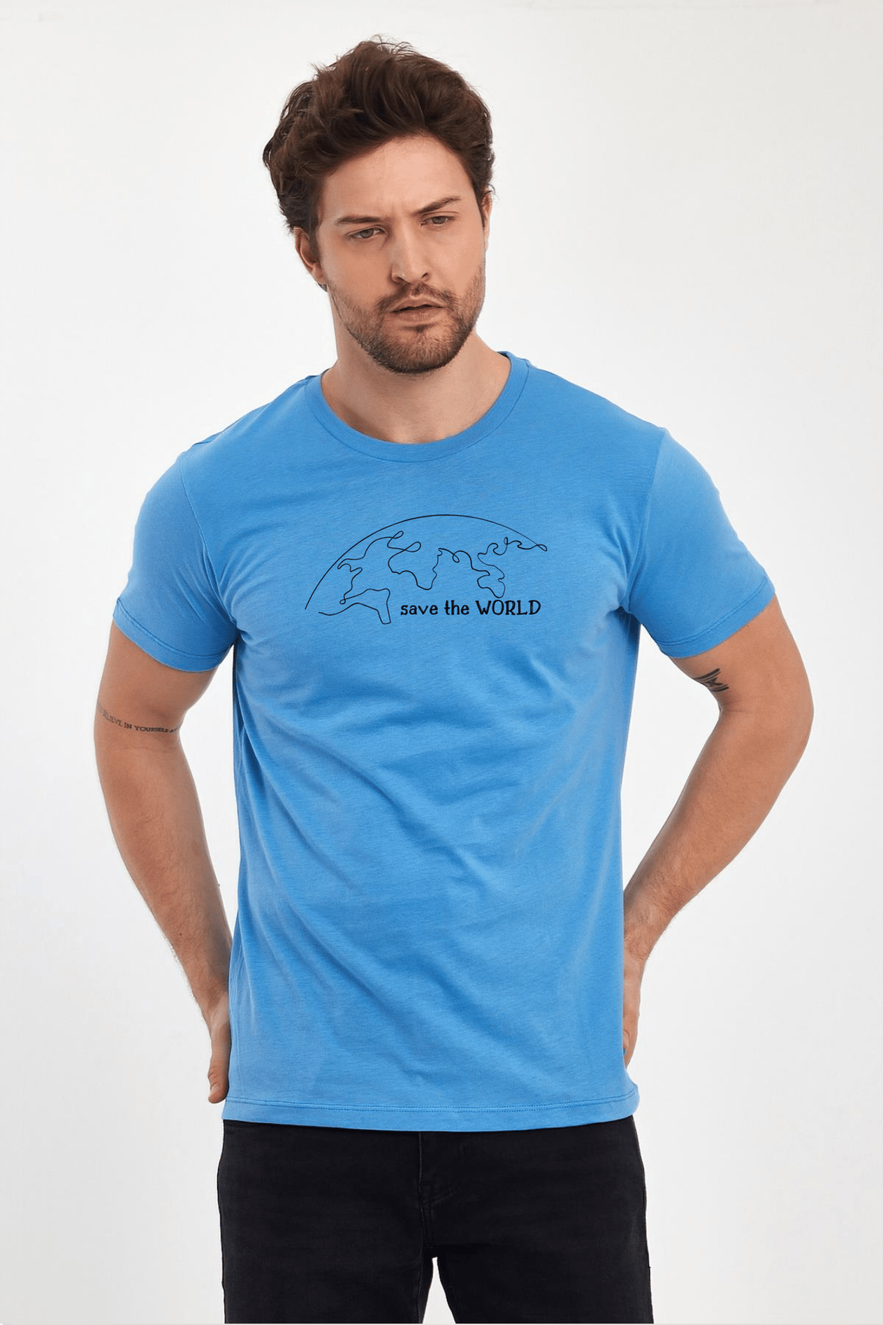 FİHA/2076-ERKEK BASKILI KOMPAK SIFIR YAKA TSHIRT - LICHEN BLUE