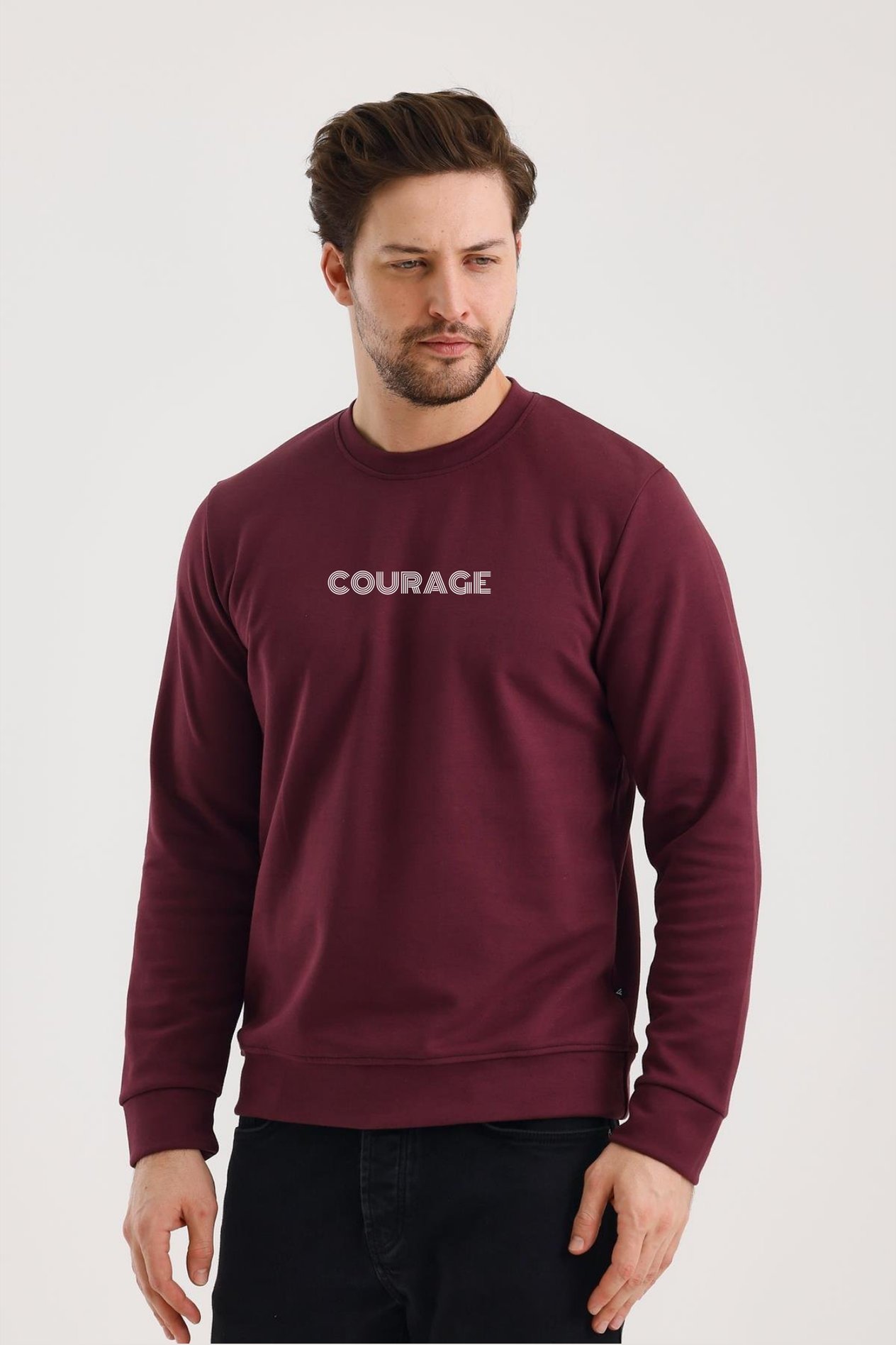 FİHA/2077-UNISEX BASKILI SIFIR YAKA SWEAT - MAUVE WINE