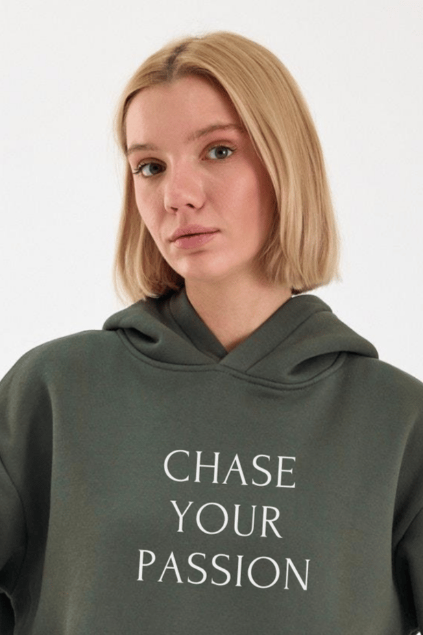 FİHA/2502-UNISEX BASKILI ŞARDONLU KAPŞONLU SWEAT - HAKİ