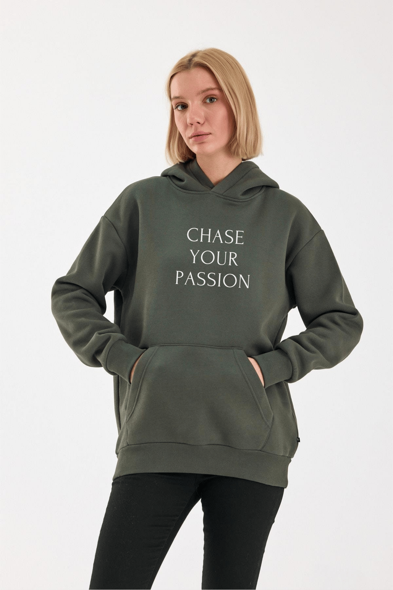 FİHA/2502-UNISEX BASKILI ŞARDONLU KAPŞONLU SWEAT - HAKİ