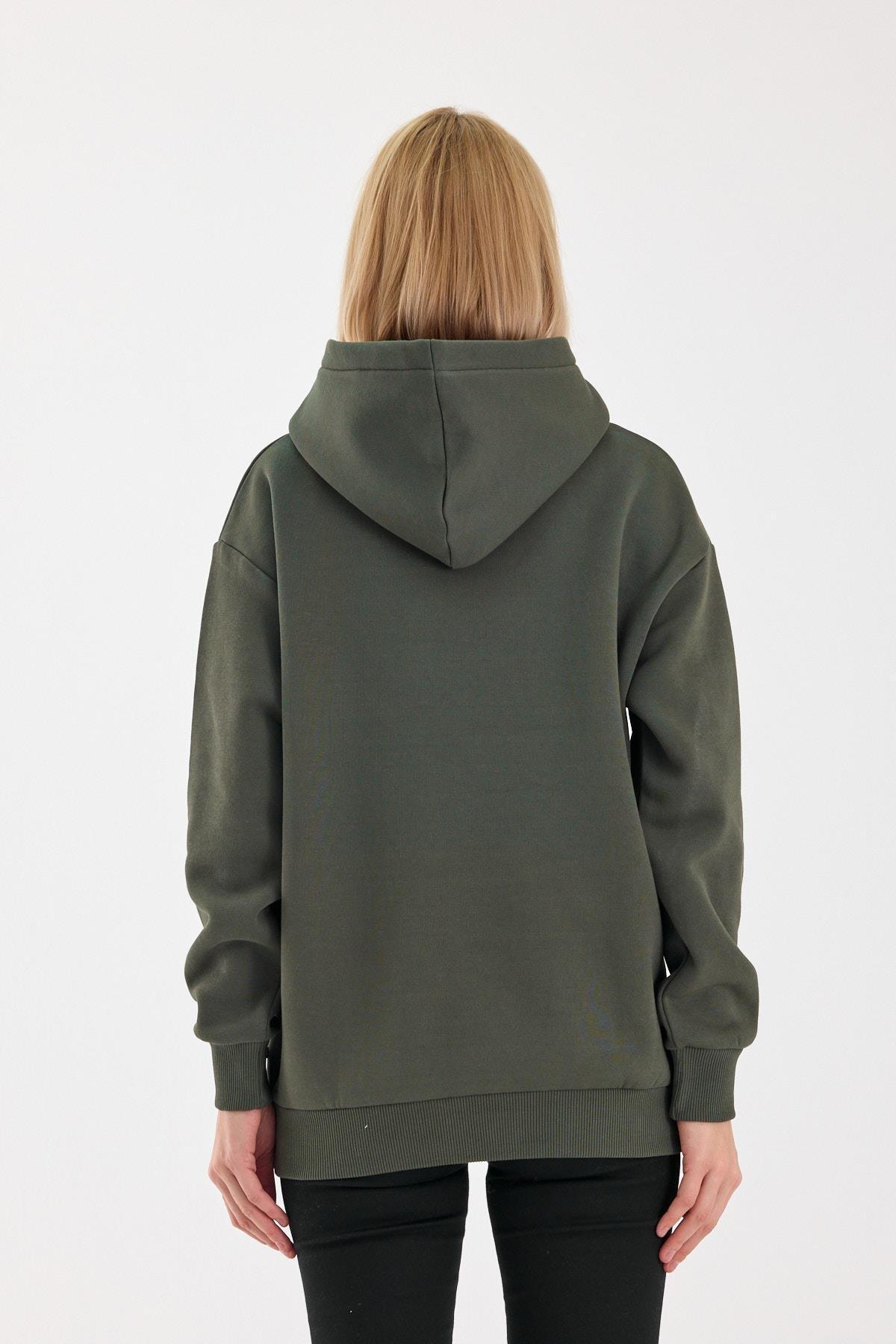 FİHA/2502-UNISEX BASKILI ŞARDONLU KAPŞONLU SWEAT - HAKİ
