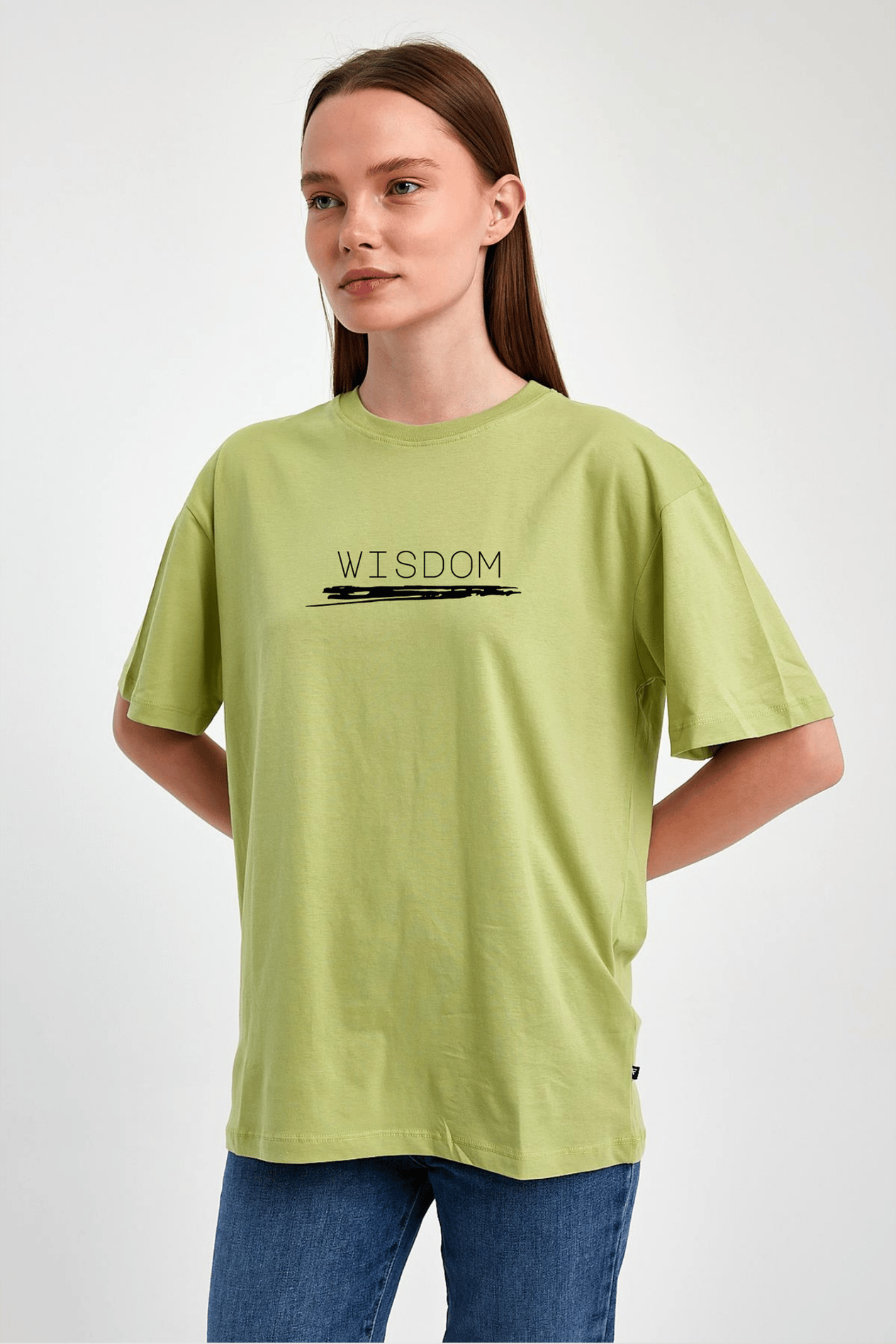 FİHA/2511-UNİSEX OVERSIZE BASKILI SIFIR YAKA TSHIRT - FISTIK YEŞİLİ