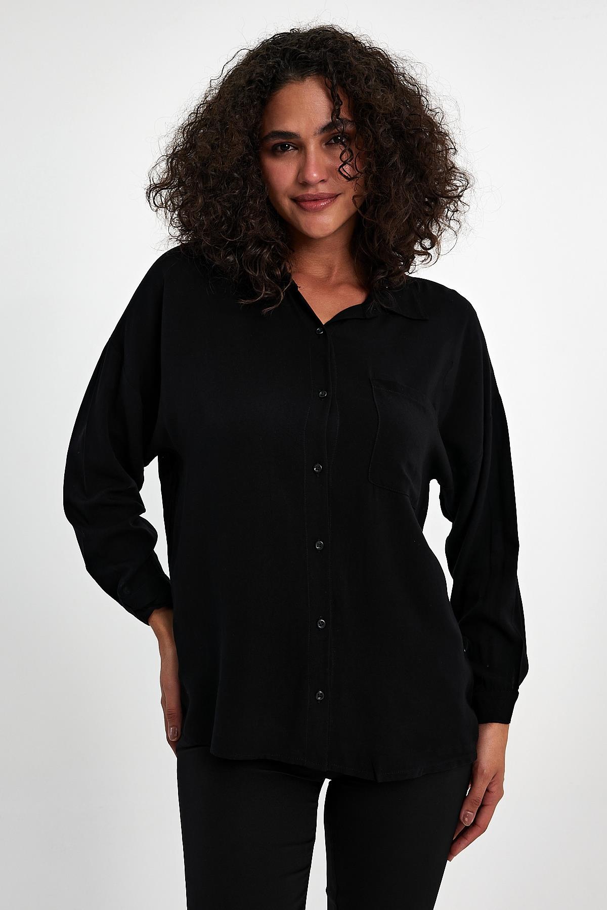 FİHA/3040-KADIN OVERSIZE POPLİN GÖMLEK - SİYAH